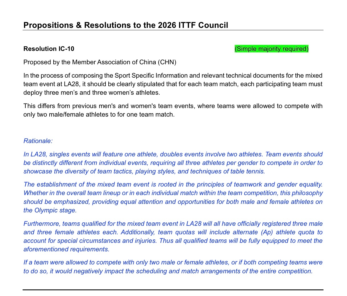 中国乒协提案洛奥混团3男3女乒乓球 由中国乒乓球协会提交给2026年国际乒联理事