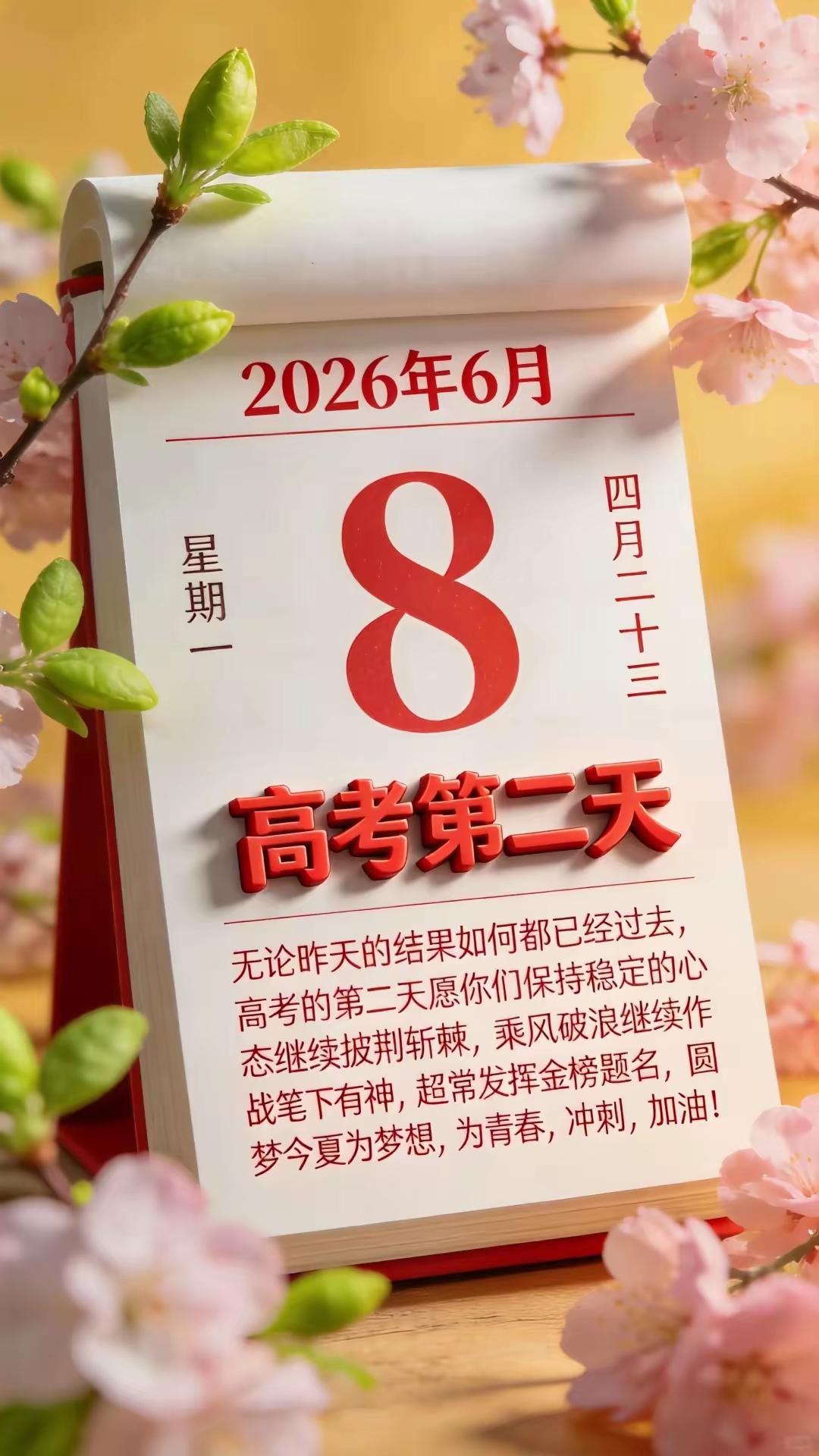 高考第二天，昨日初试锋芒，今日再展风华。放平心态，认真作答，落笔封神，得偿所愿，