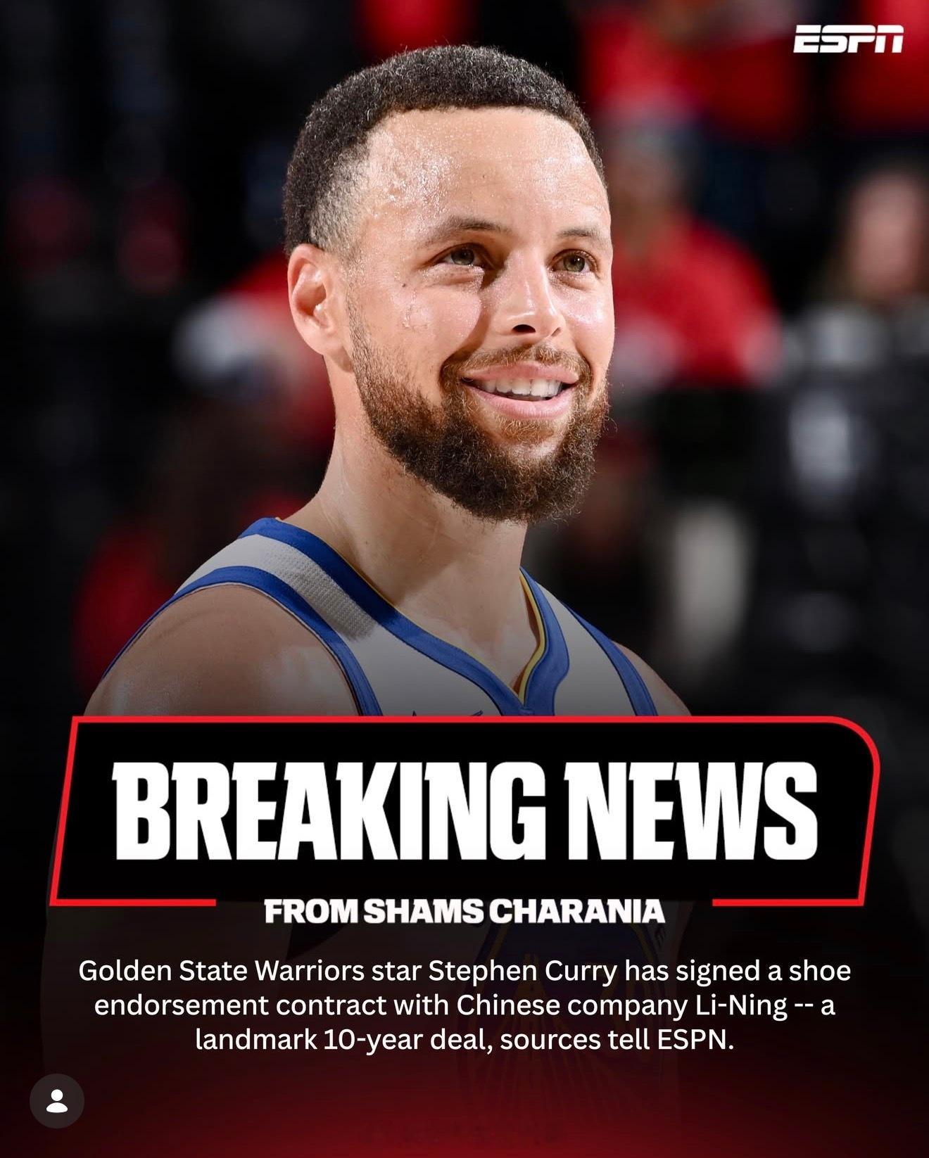 库里签约李宁，10年。库里签约李宁今日焦点NBA