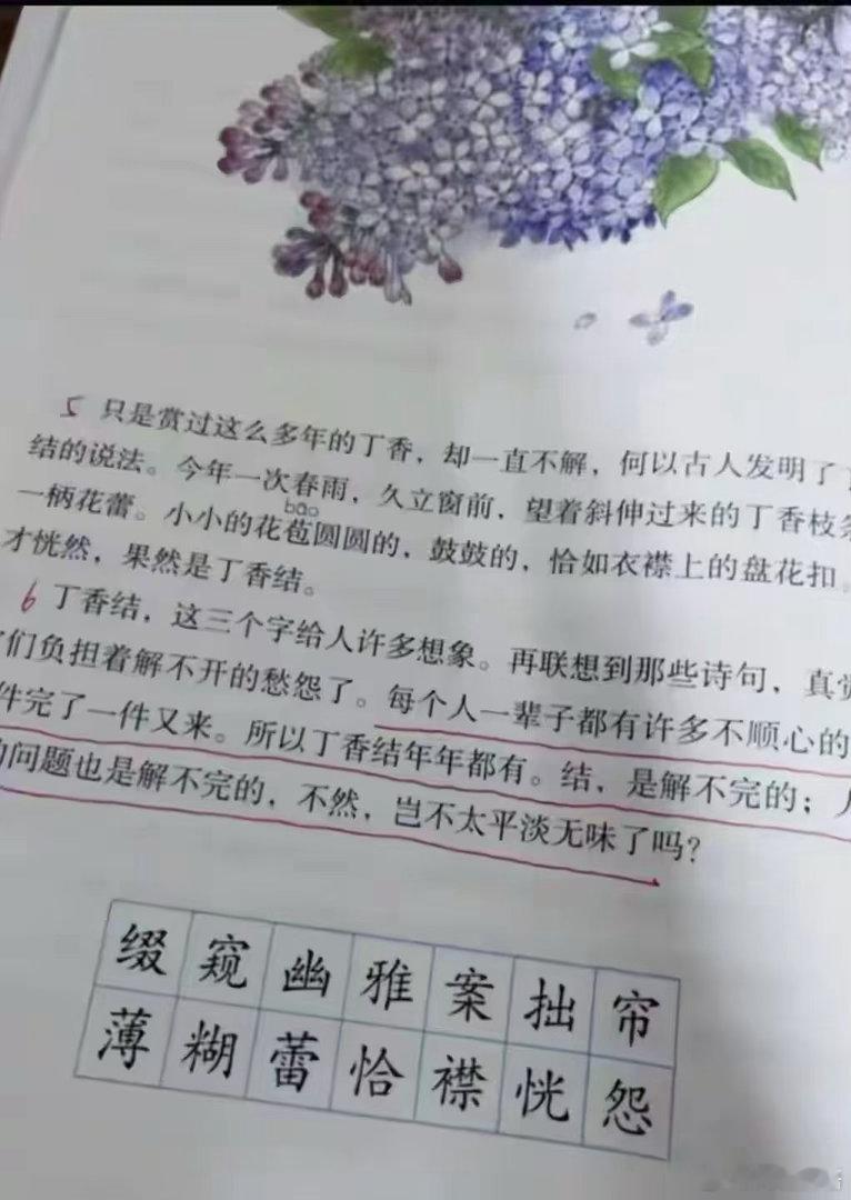 “每个人一辈子都有不顺心的事，一件完了一件又来。所以丁香结年年都有。结，是解不完