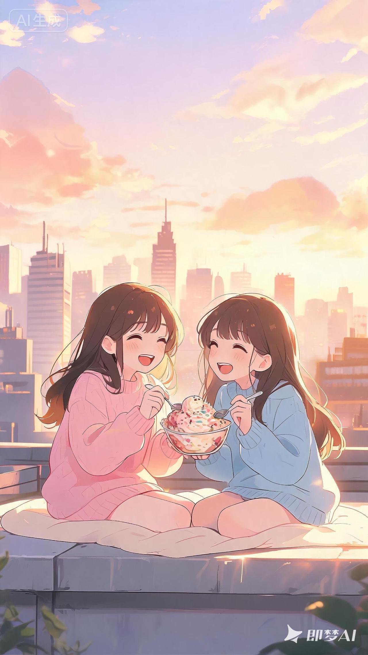 和闺蜜一起在城市天台享受甜筒，幸福满满！🍦👭🏙️