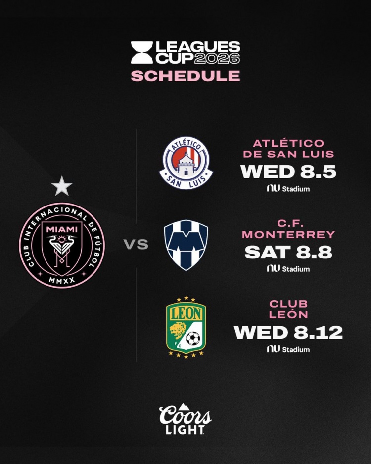 迈阿密国际联盟杯对手确定：圣路易斯、蒙特雷、莱昂