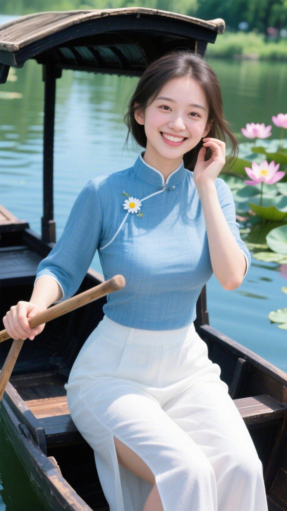 荷风泛舟清夏时
 
澄澈的湖水漾着浅浅的波纹，乌篷木船轻摇在碧波之上，船檐的旧木