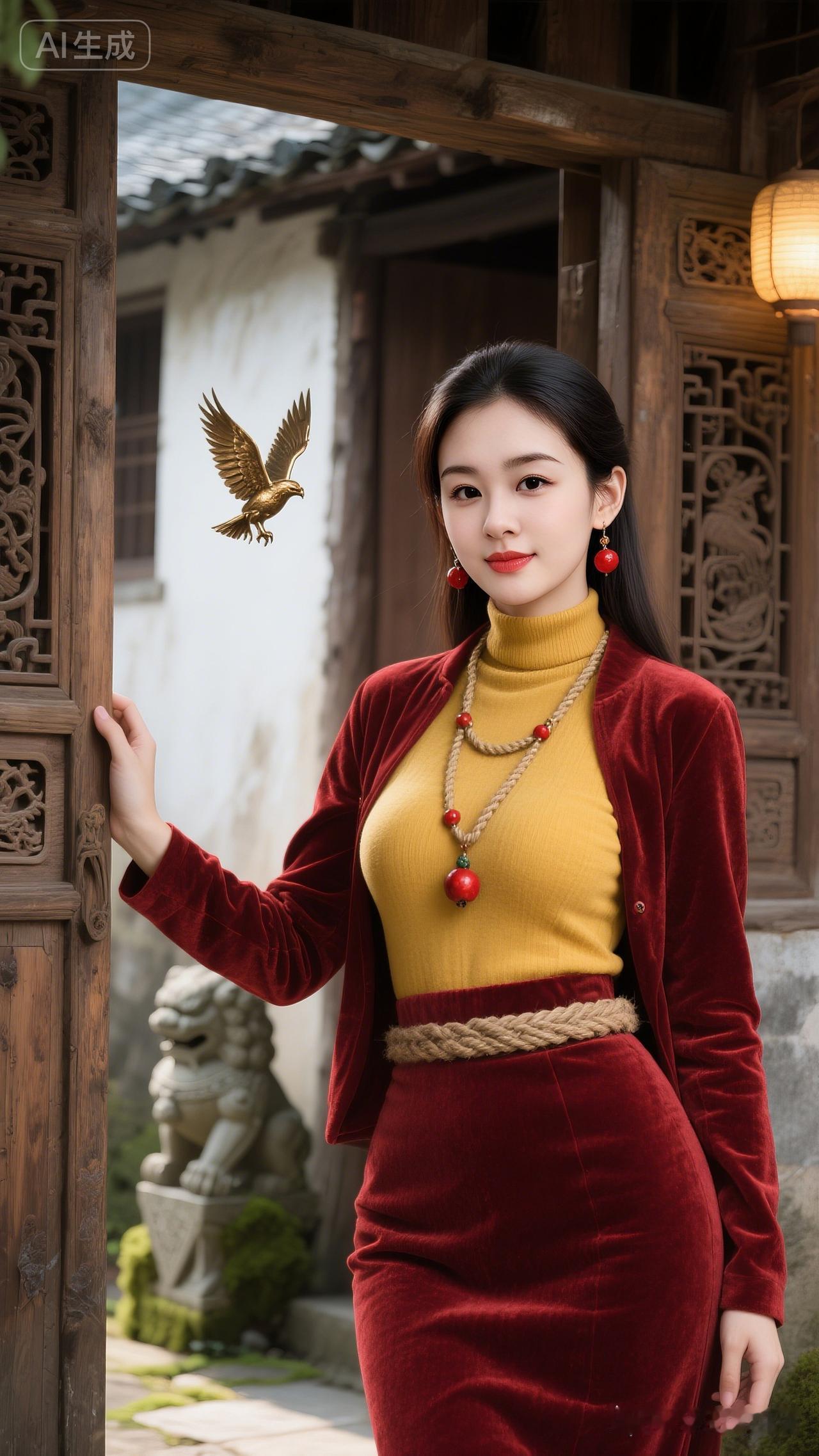 古风少女与金鹰的邂逅，传统与现代的完美融合。