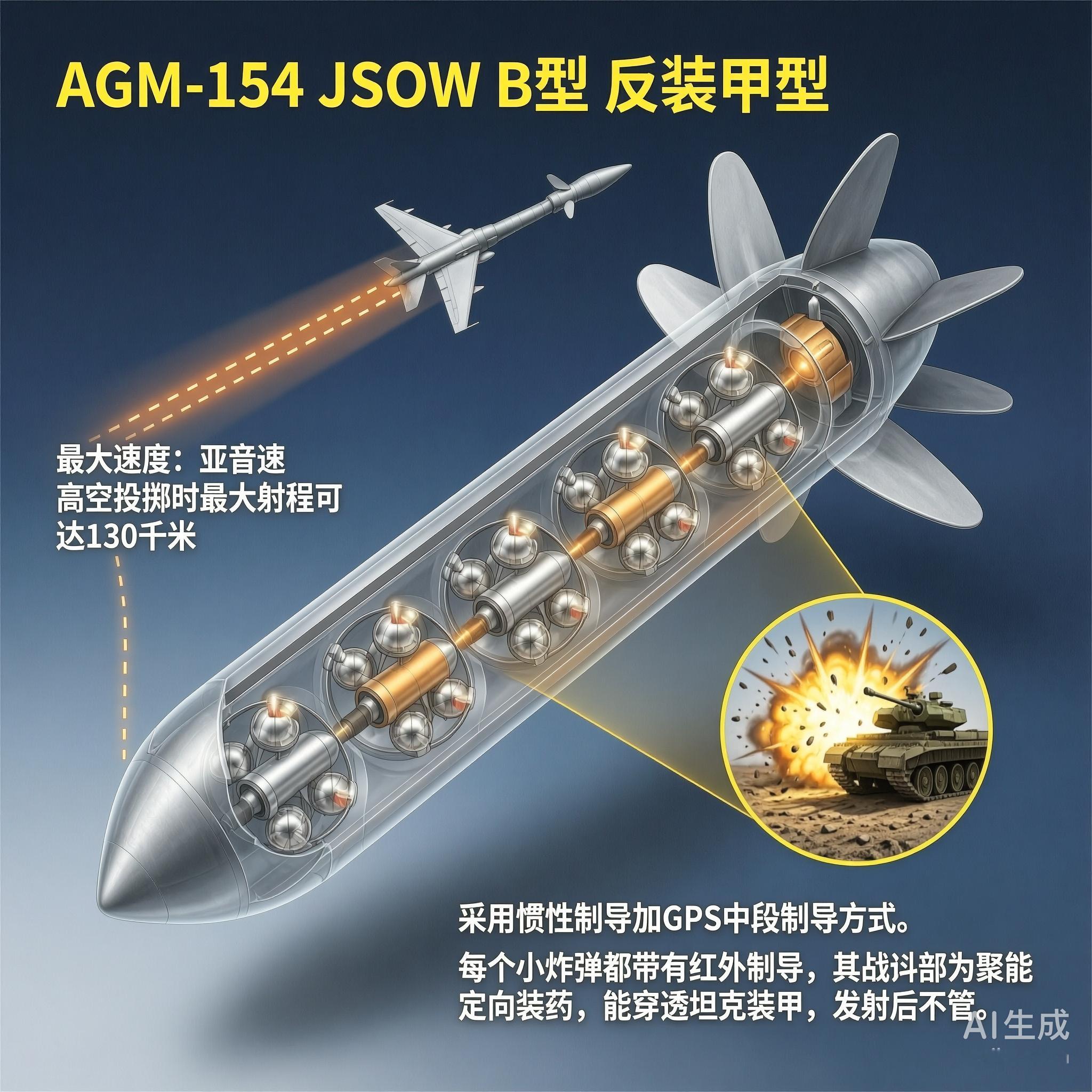 军事ai新视野 美国AGM-154联合防区外武器长度：410厘米直径：33厘米翼