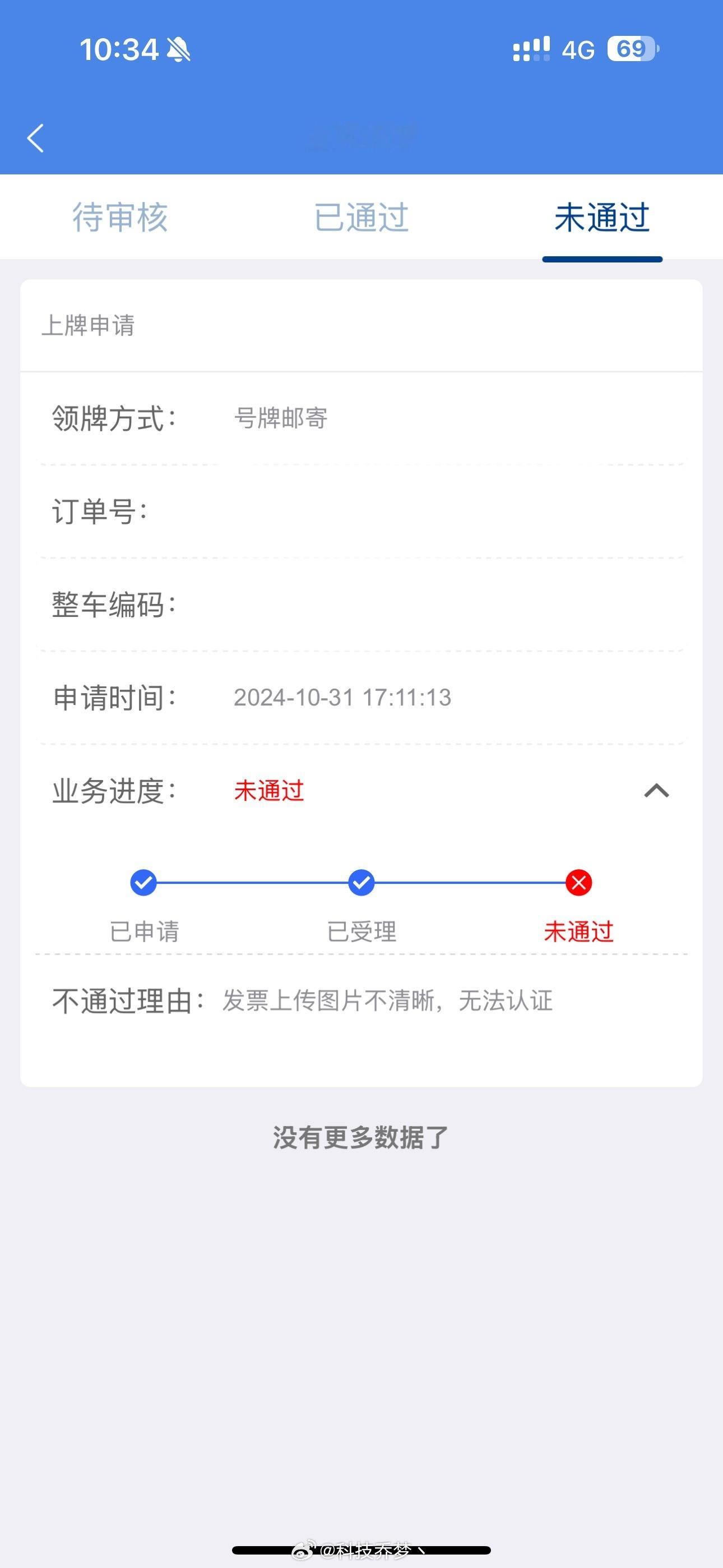 一大早就有坏消息，等了将近一个半月的电动车上牌失败了，说我发票不清晰[费解][费