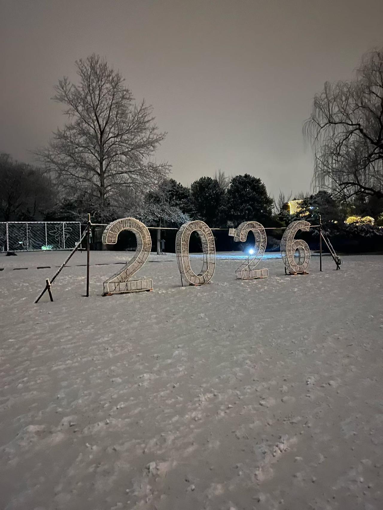昨天凌晨四点钟，孙女和父母从美国平安飞抵北京家园。

北京的夜晚，白雪覆盖大地，