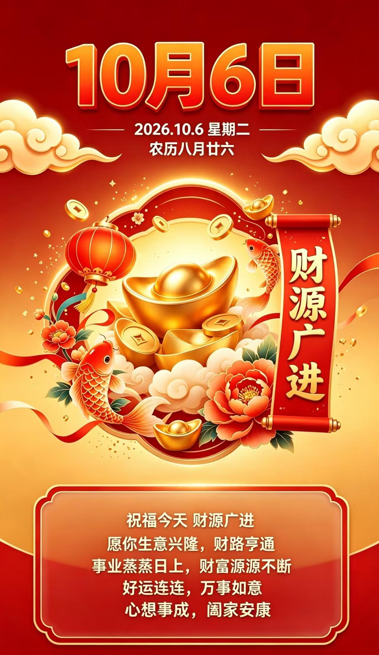 农历八月廿六，10月6日，宜纳财，宜欢喜。生活需要仪式感，更需要好心态。

愿你