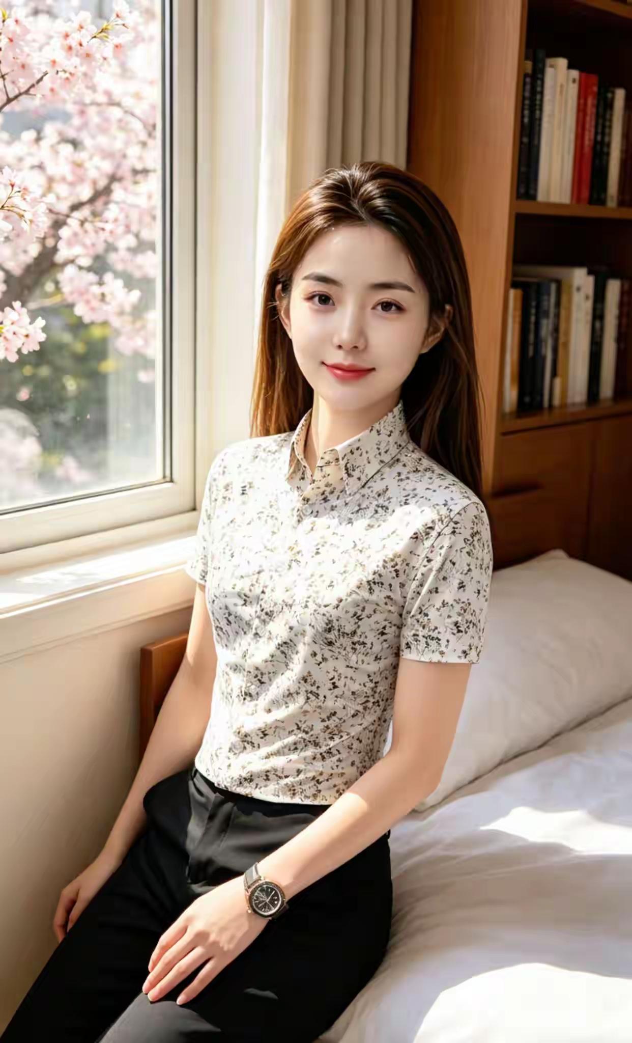 窗边少女，樱花盛开，书香满溢，静谧时光。