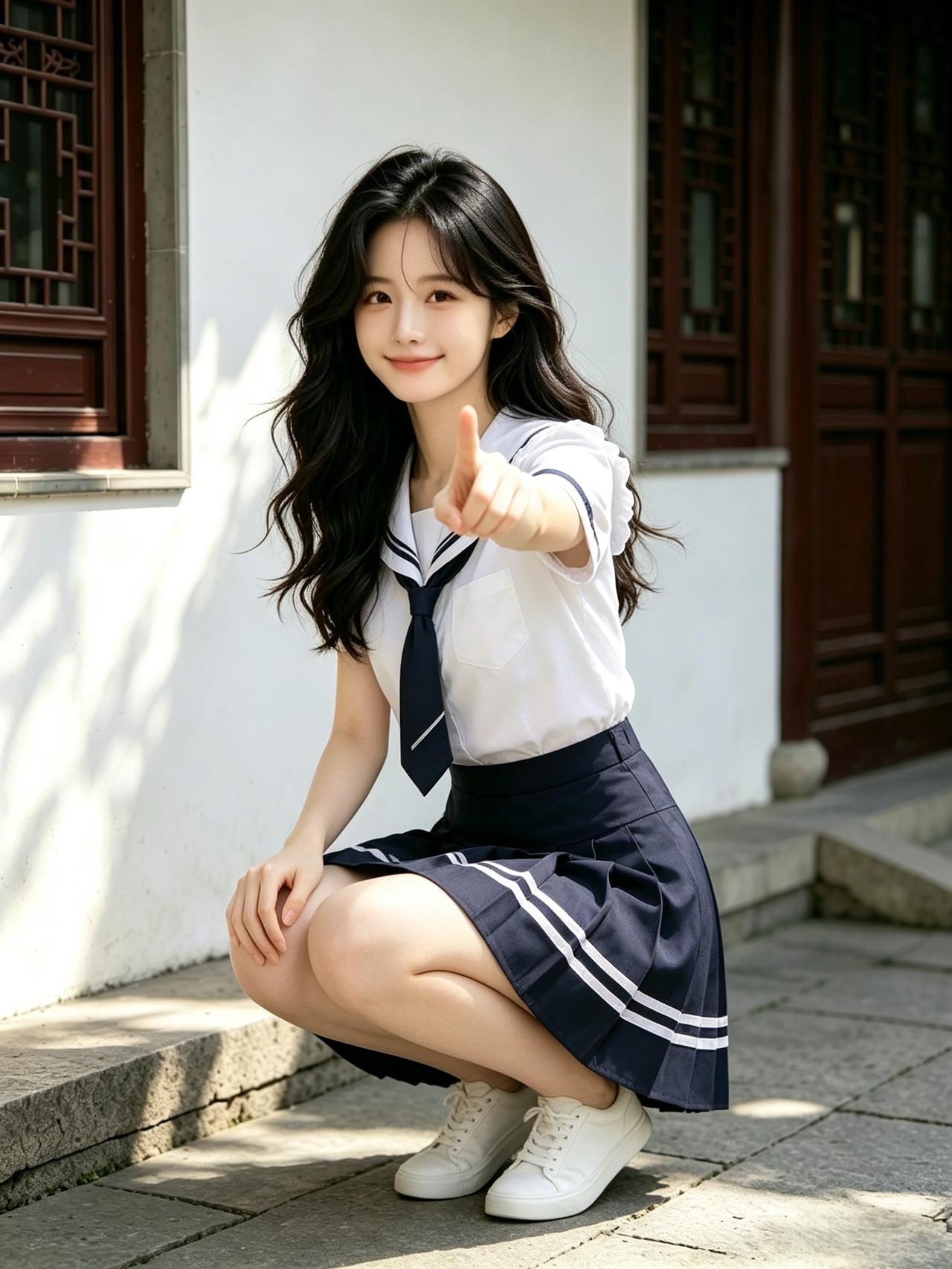 怎样穿搭能显示出温柔的女生气质? 
校服少女俏皮指你，阳光正好，青春不散场，心动