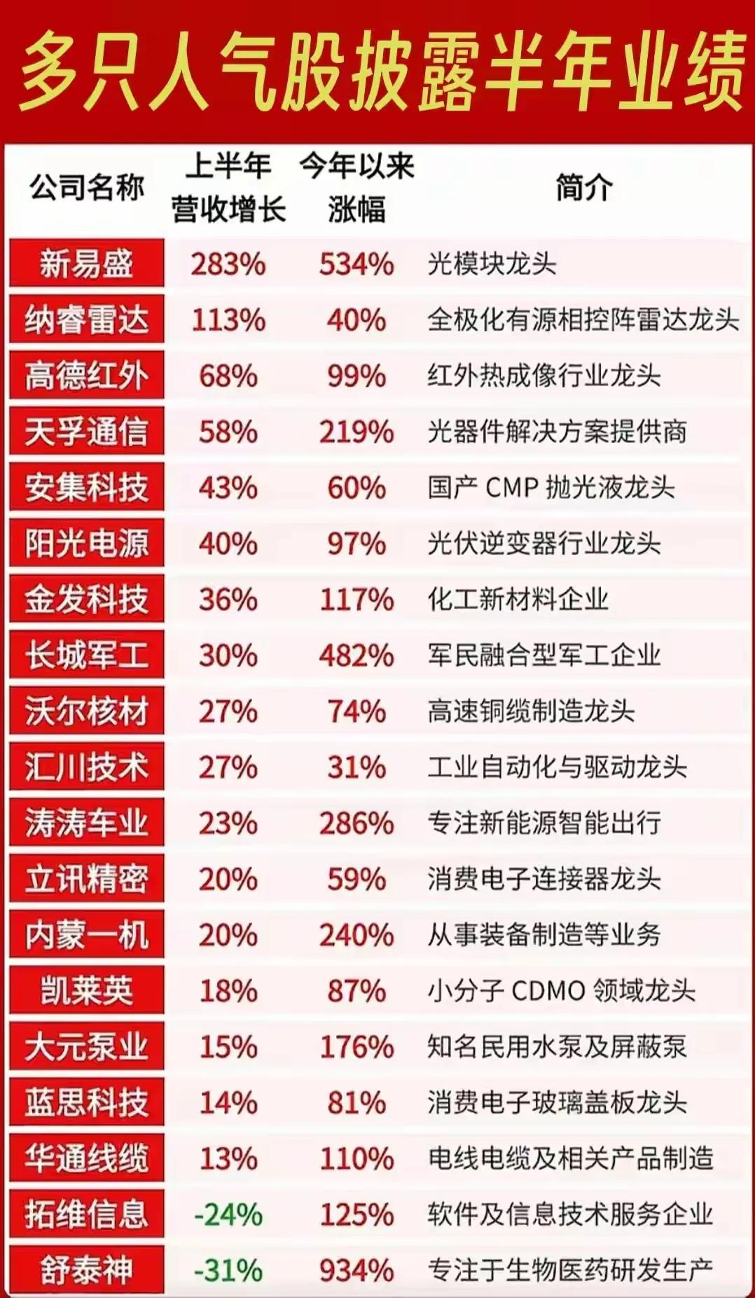 多只人气股的上半年营收增长、今年以来涨幅以及公司简介，具体内容如下：

1. 整