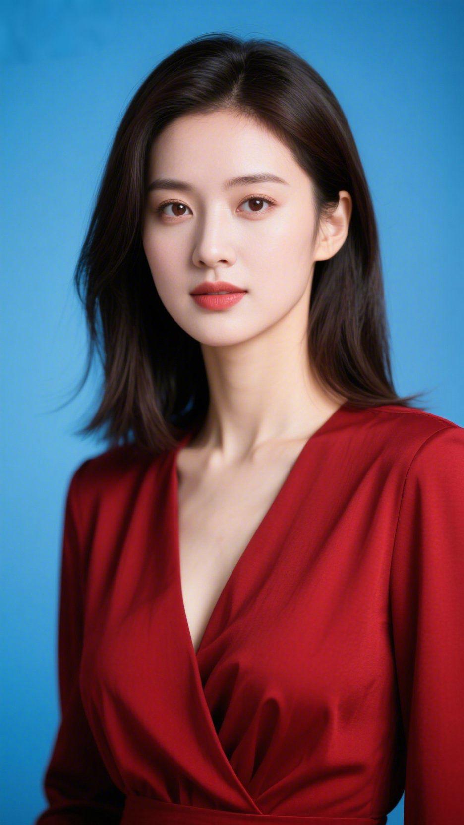 《红衫映得清眸柔》
 
钴蓝背景像浸了浅天的蓝，衬得她身上的红衫愈发明润。衣料垂