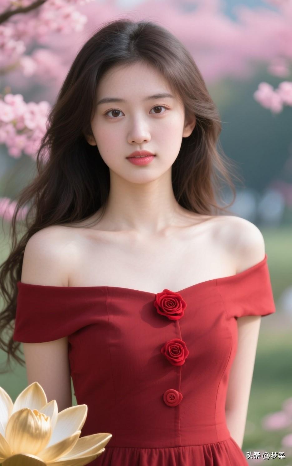 红衣少女与粉樱相映，浪漫气息扑面而来