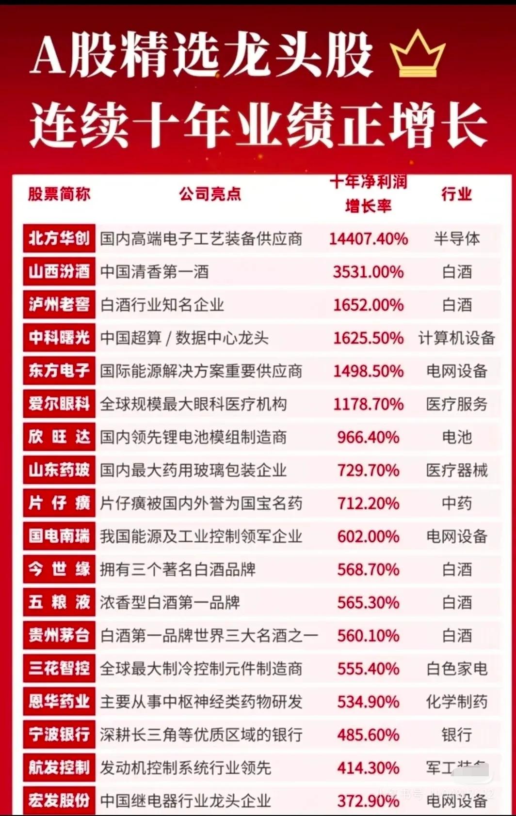 1. A股精选龙头股（连续十年业绩正增长）

核心数据：

- 覆盖行业：半导体