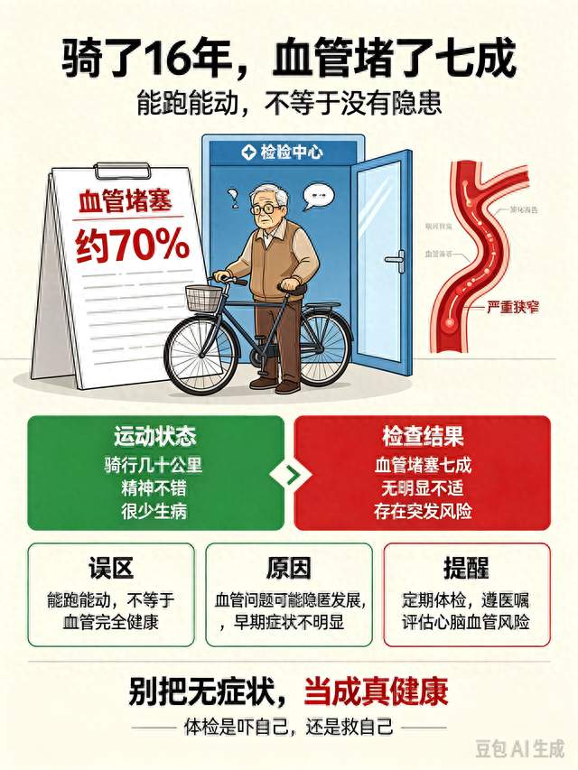 骑行16年无不适，体检查出血管堵塞七成