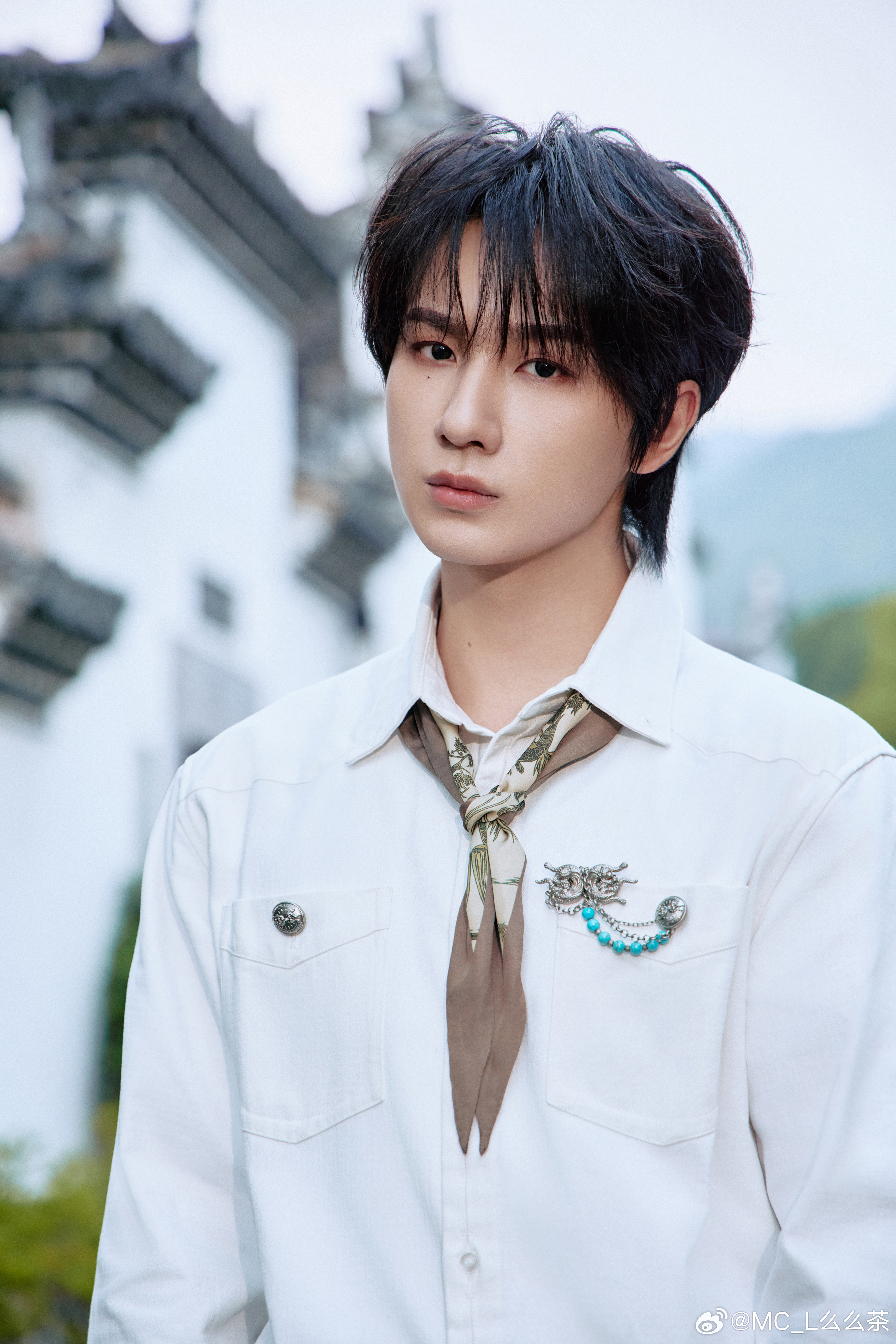 李宏毅李宏毅揽流光三千 徽派白墙衬得你眉眼清隽，白衫搭配别致胸针温柔雅致。李宏毅