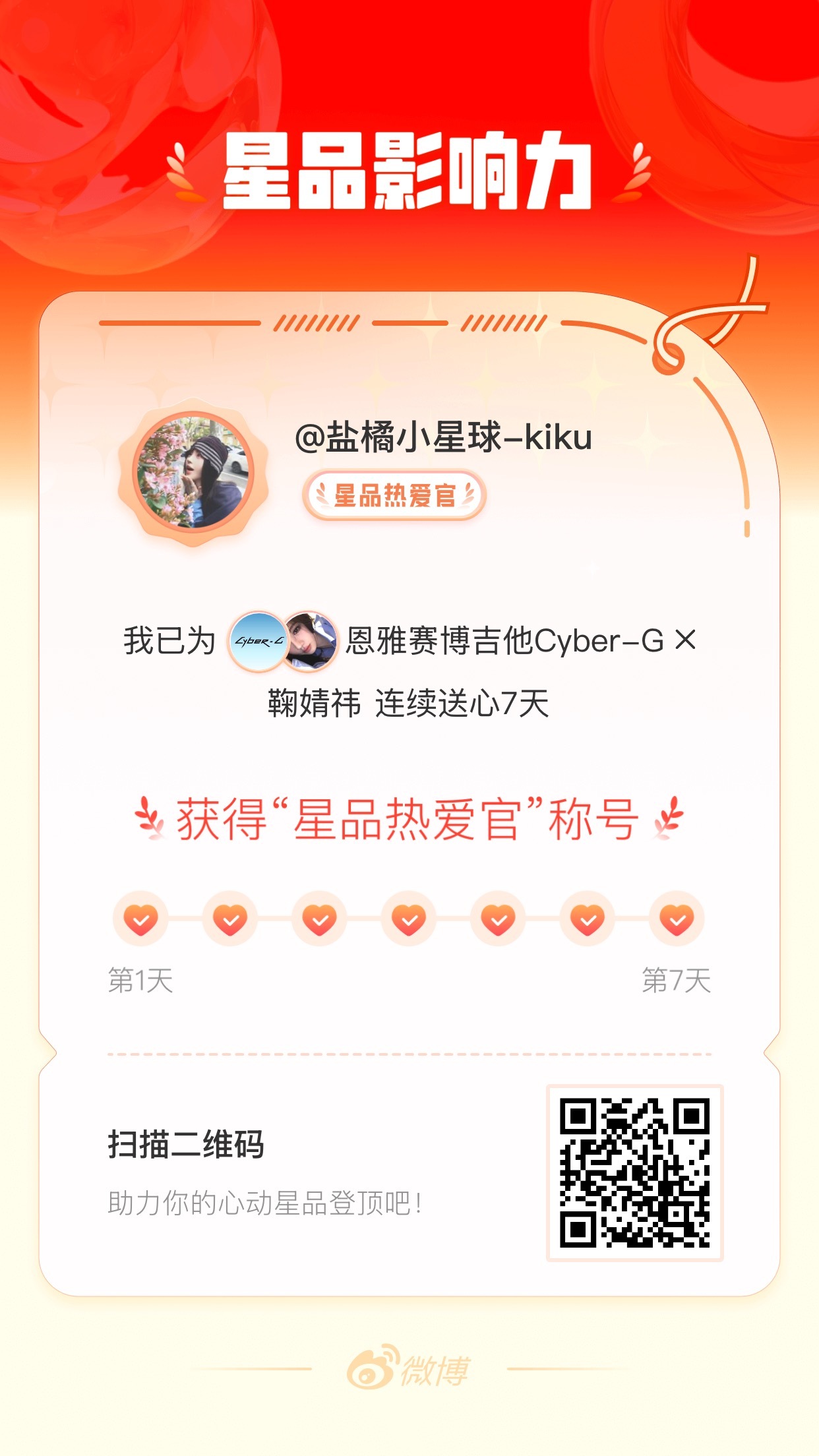 我在星品影响力上为 X 连续送心7天，获得“星品热爱官”称号！快来一起pick你