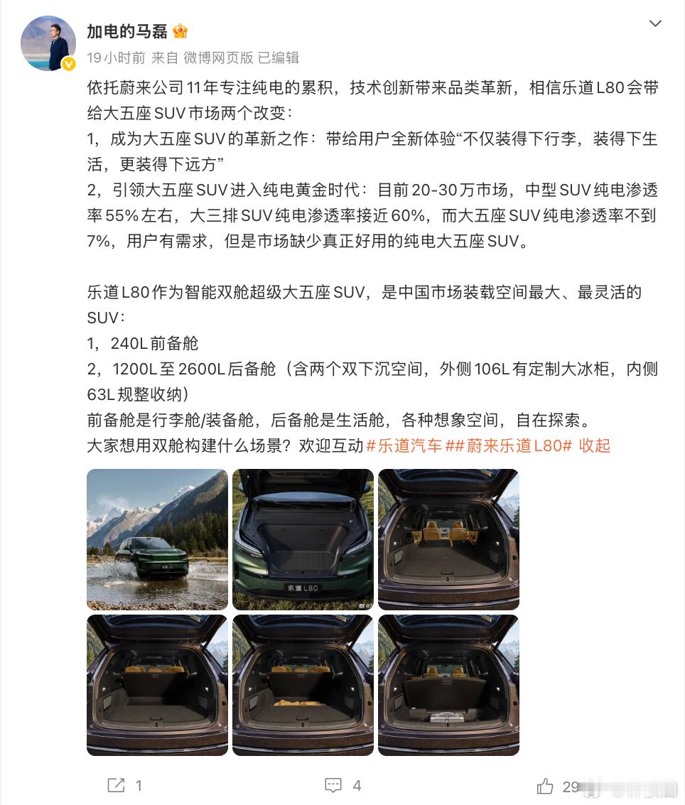 才看到马老师发的微博，里面提到一个：“目前20-30万市场，中型SUV纯电渗透率