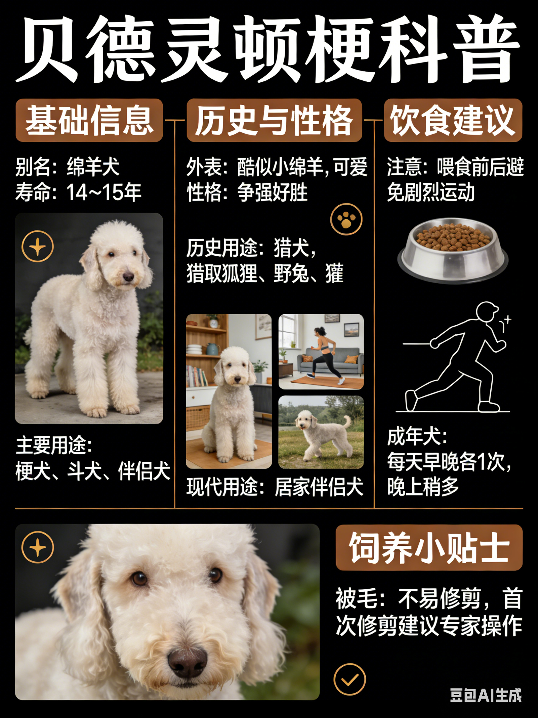 我AI的动物 贝德灵顿梗别名：绵羊犬寿命：14～15年主要用途：梗犬、斗犬、伴侣