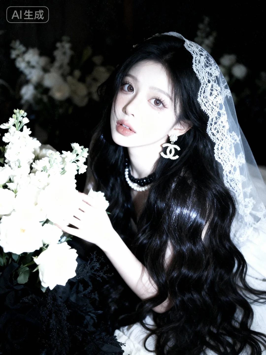 暗调花系场景，白色花簇背景搭配暗黑元素，营造神秘风氛围