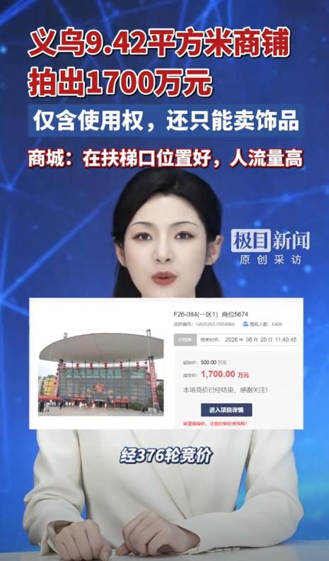 浙江义乌国际商贸城的含金量还在上升，近日，一间9.42平方米商铺，经376轮竞价