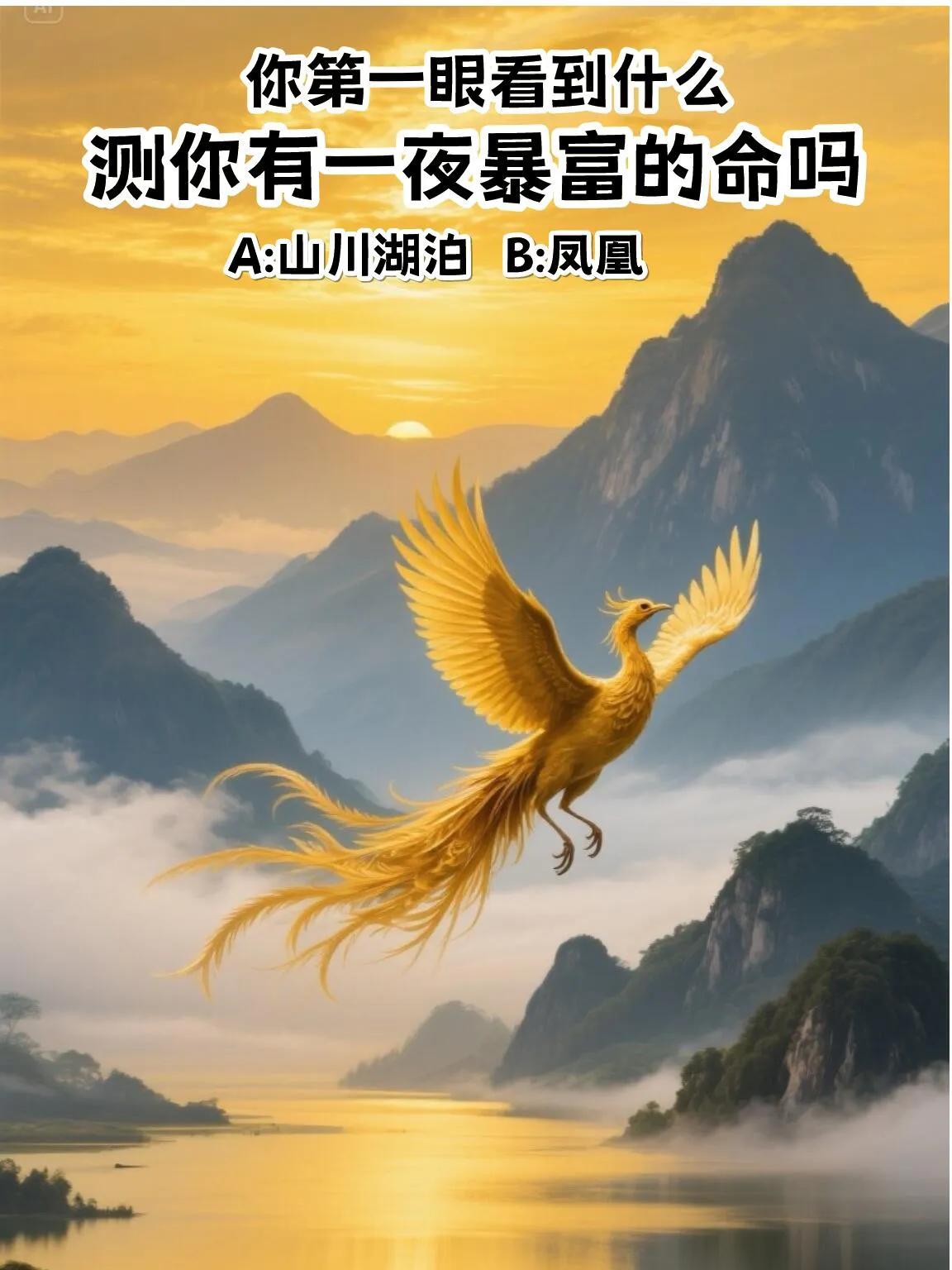 心理测试
测你有一夜暴富的命吗？？
你第一眼看到什么？？
A.山川湖泊
B.凤凰