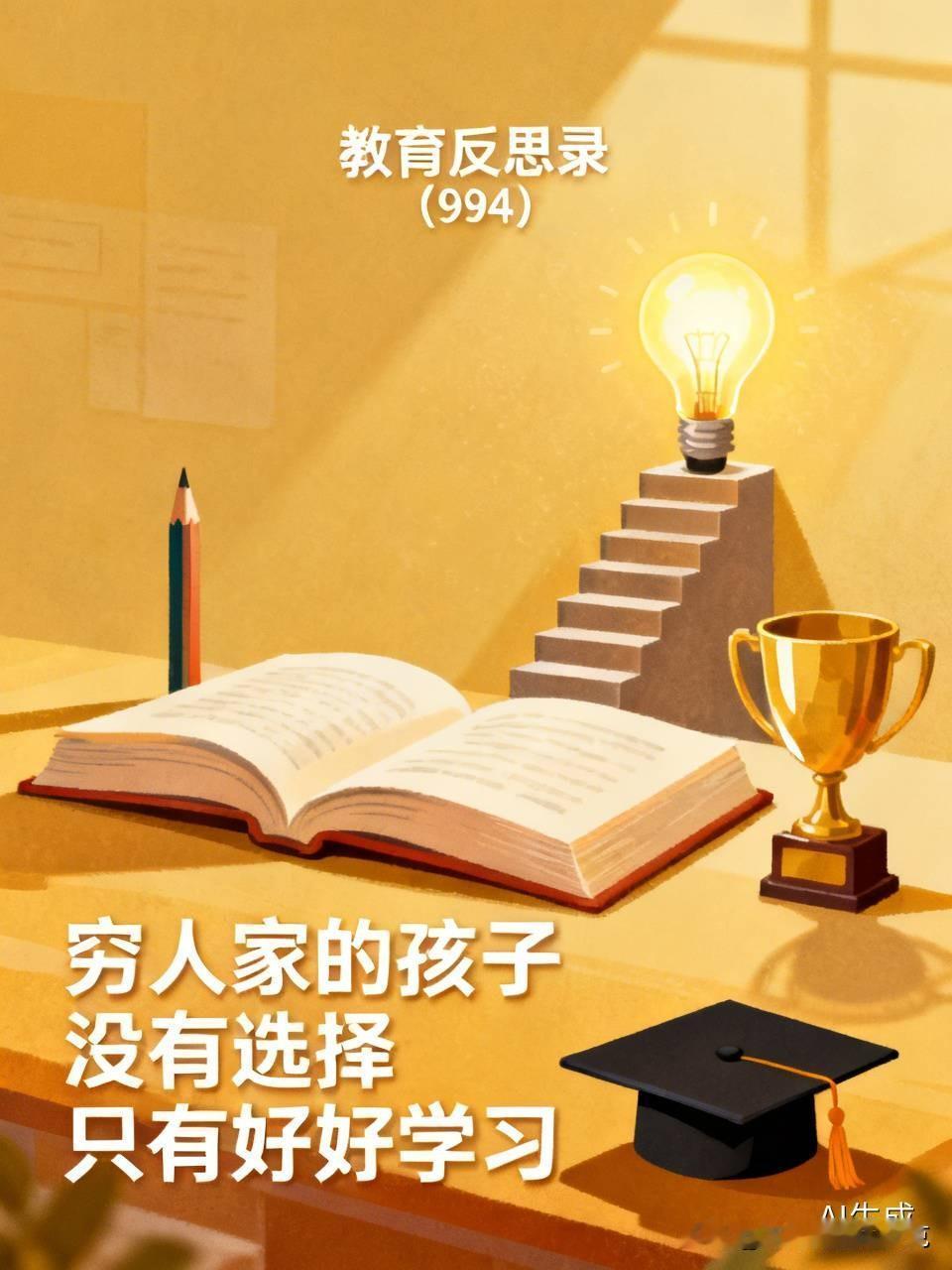 教育反思录（994）
穷人家的孩子
没有选择
只有好好学习
拿出成绩
用分数改变