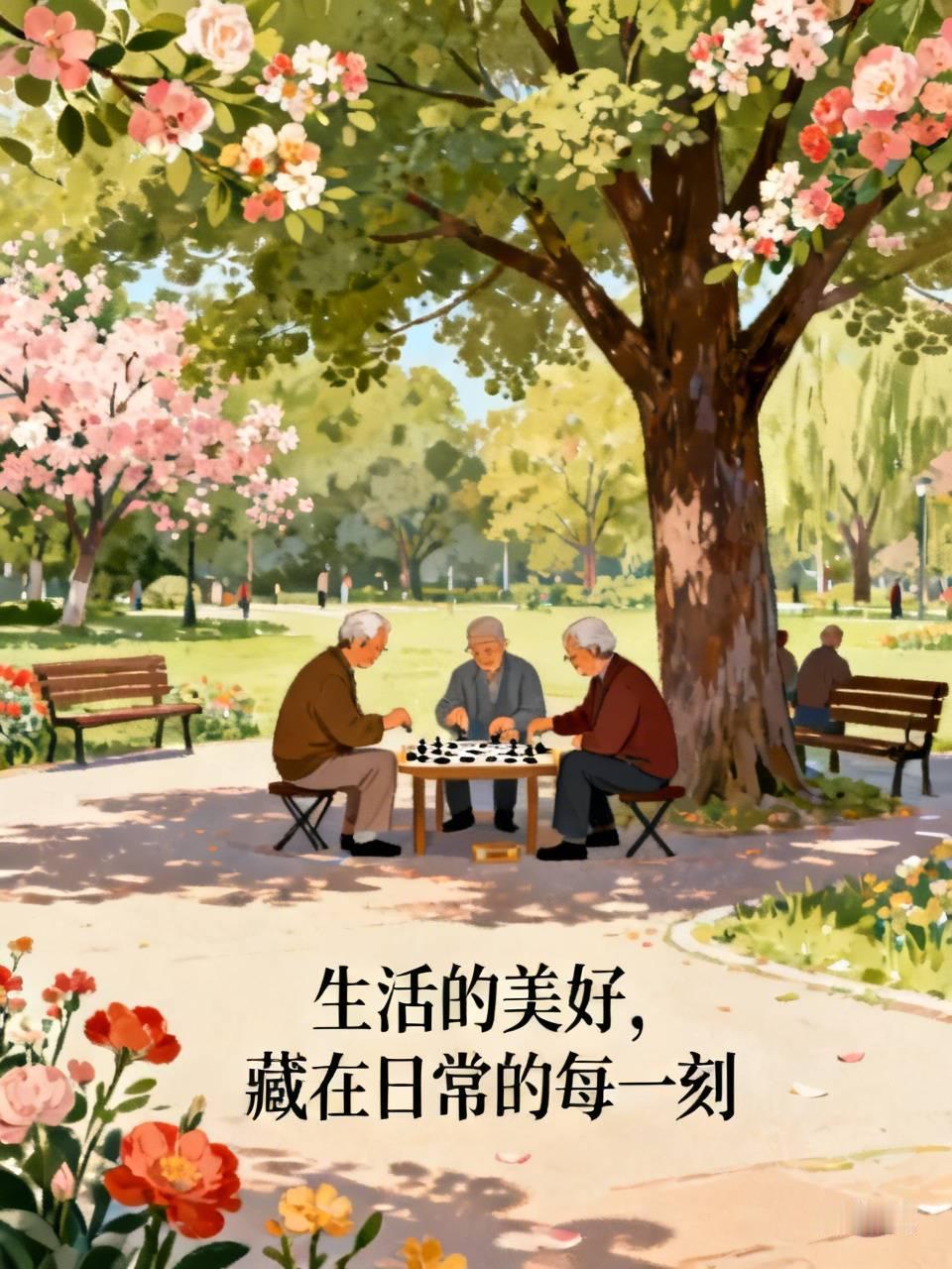 今天我出门上班，路过公园时，看到一群老人在悠闲地下棋、聊天，脸上洋溢着满足的笑容