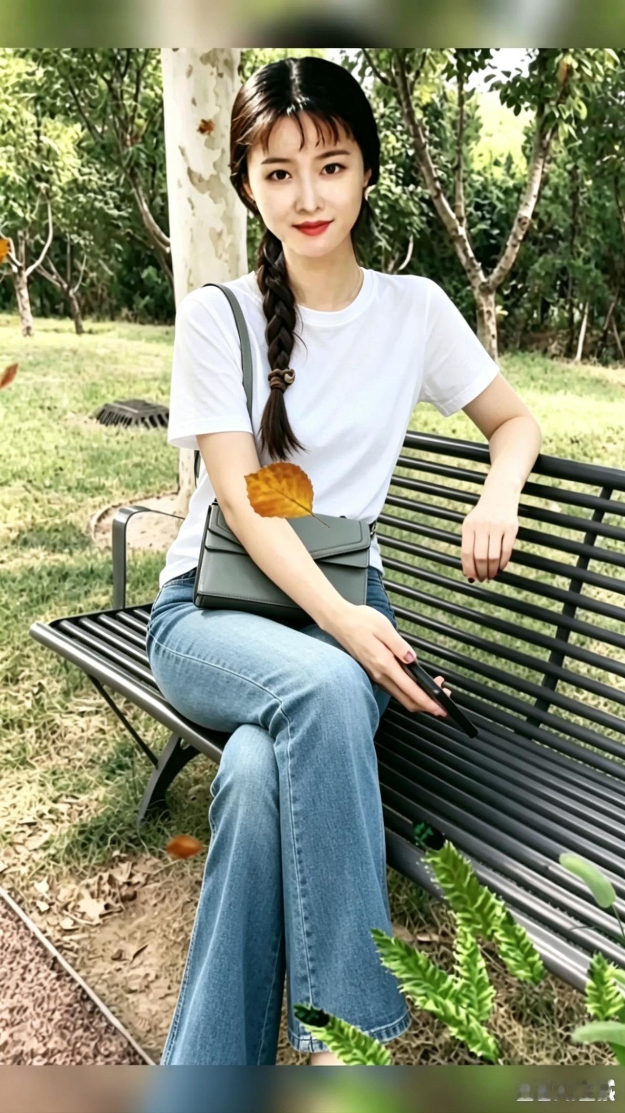 绿意盎然间，美人倚长椅。
