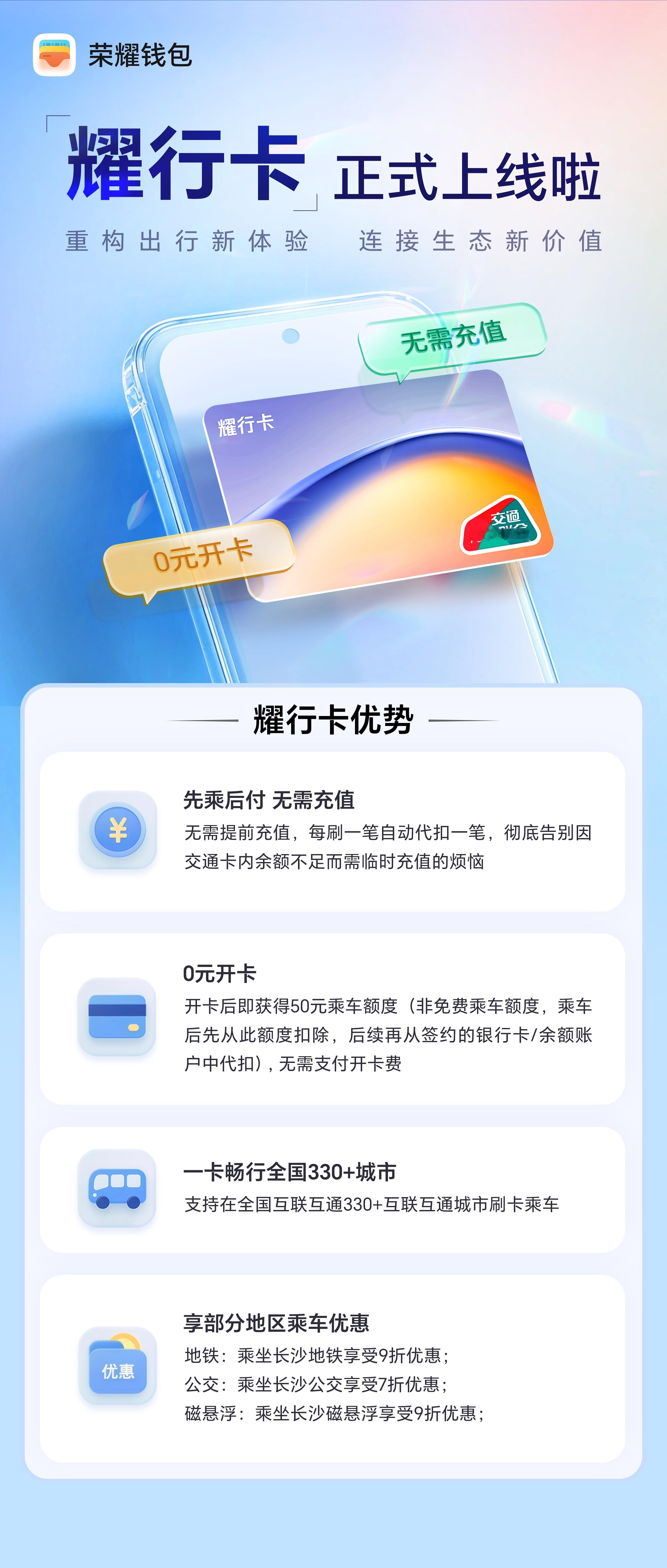 荣耀钱包上线了一个【耀行卡】，我看了有3个优势：1、0开卡费2、先乘后付3、息屏