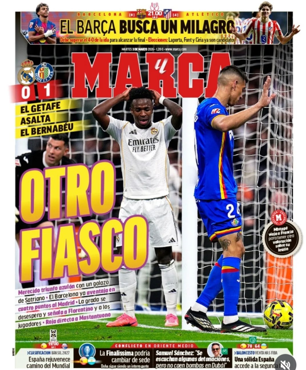 皇马 《马卡》有一次失利赫塔菲应得的胜利巴萨已经领先皇马四分南看台球迷非常失望，