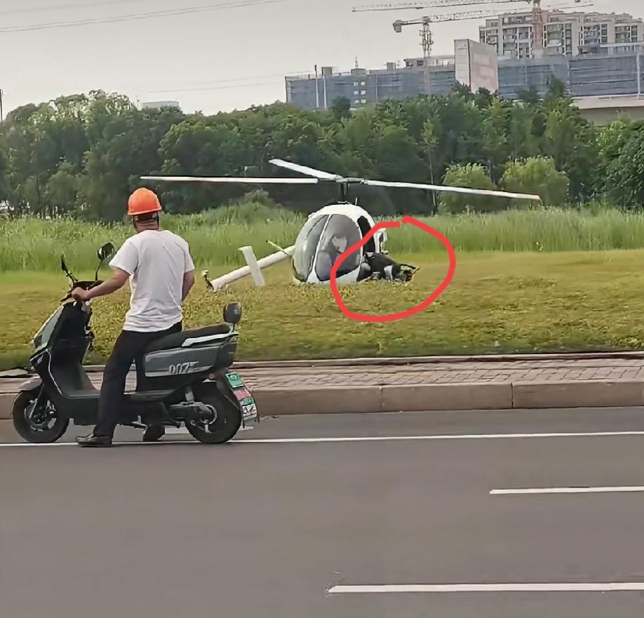网上流出的一段视频，一小型直升机在草坪上不停地打转，机翼和尾翼都有不同程度的折损