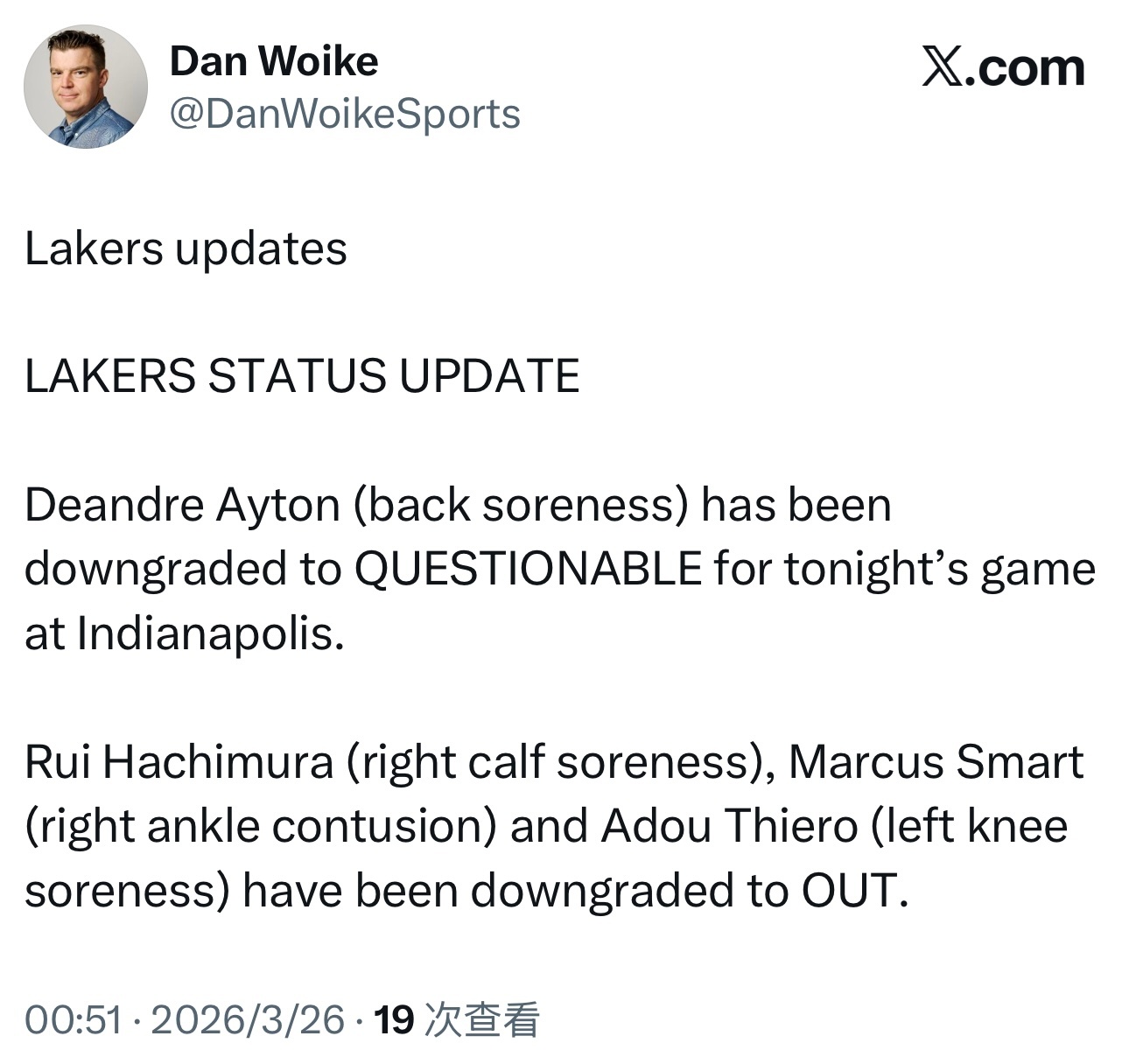 八村垒、斯玛特、蒂耶罗今天都因伤缺阵，艾顿背部酸痛出战成疑。 