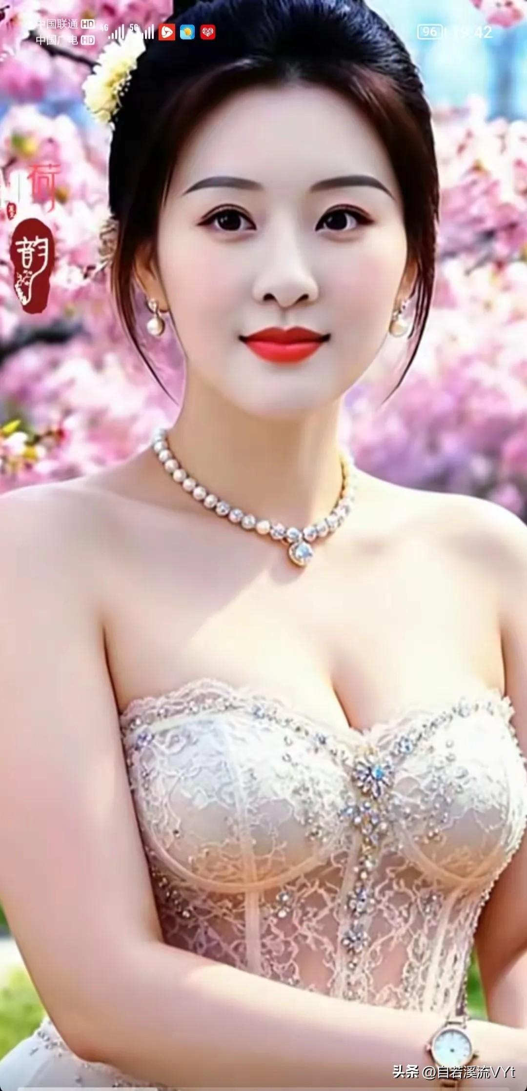 定风波·桃下芳姿
 
满树繁花映素裳，珠链莹莹衬容光。
玉鬓簪花含温婉，凝盼，清