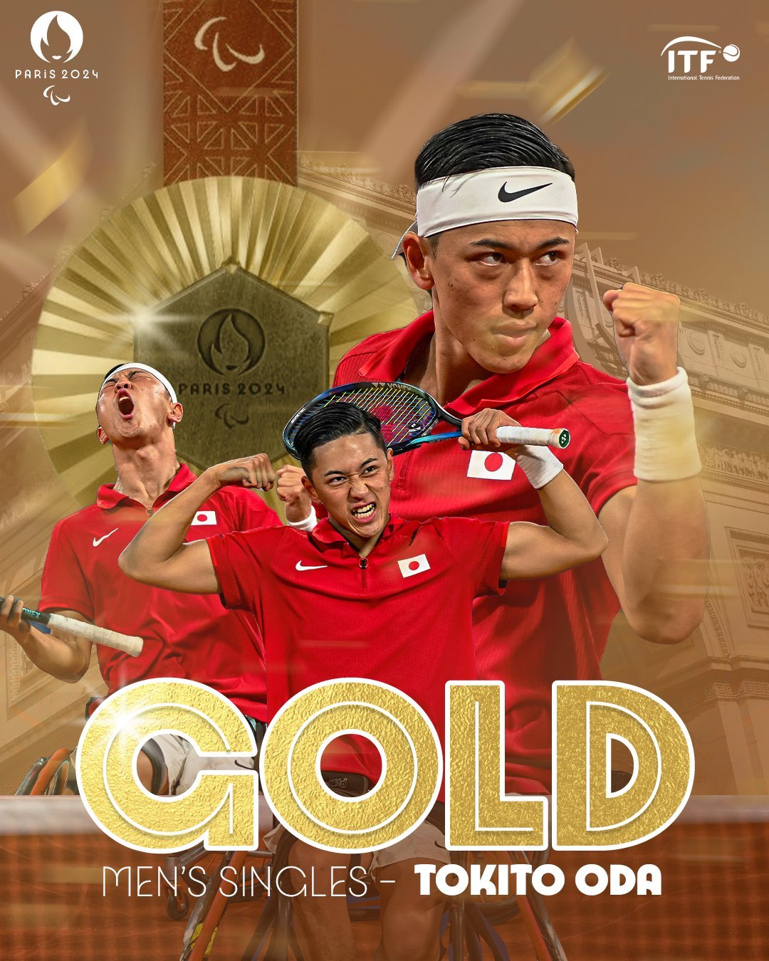 #2024年巴黎残奥会# 轮椅网球男单奖牌得主⬇️[金牌]金牌：小田凯人🇯🇵
