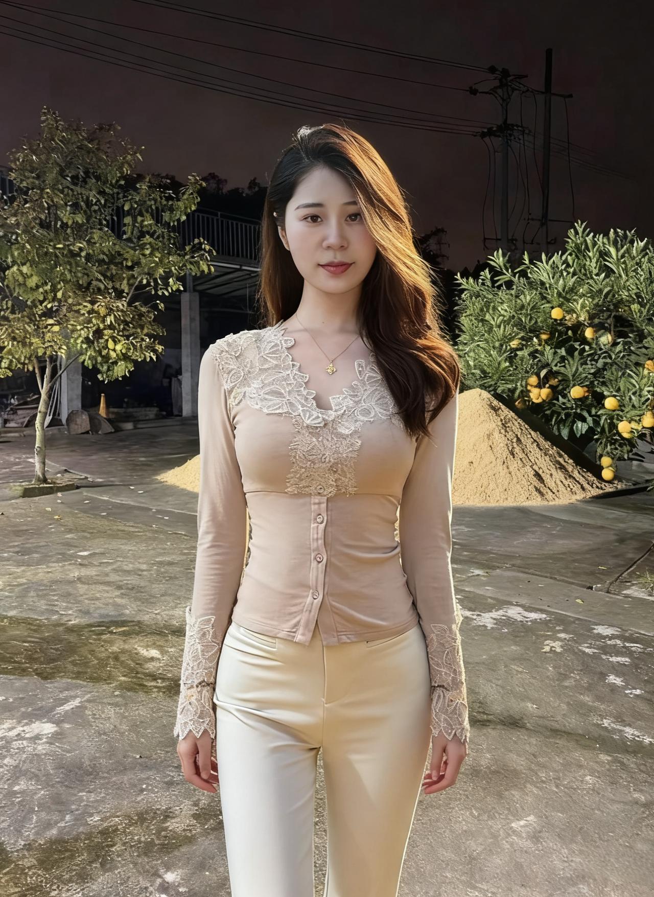 她的上衣是米色的云
蕾丝是云边的霞
垂落在她的肩头
像谁的指尖轻划
米色的裤子是