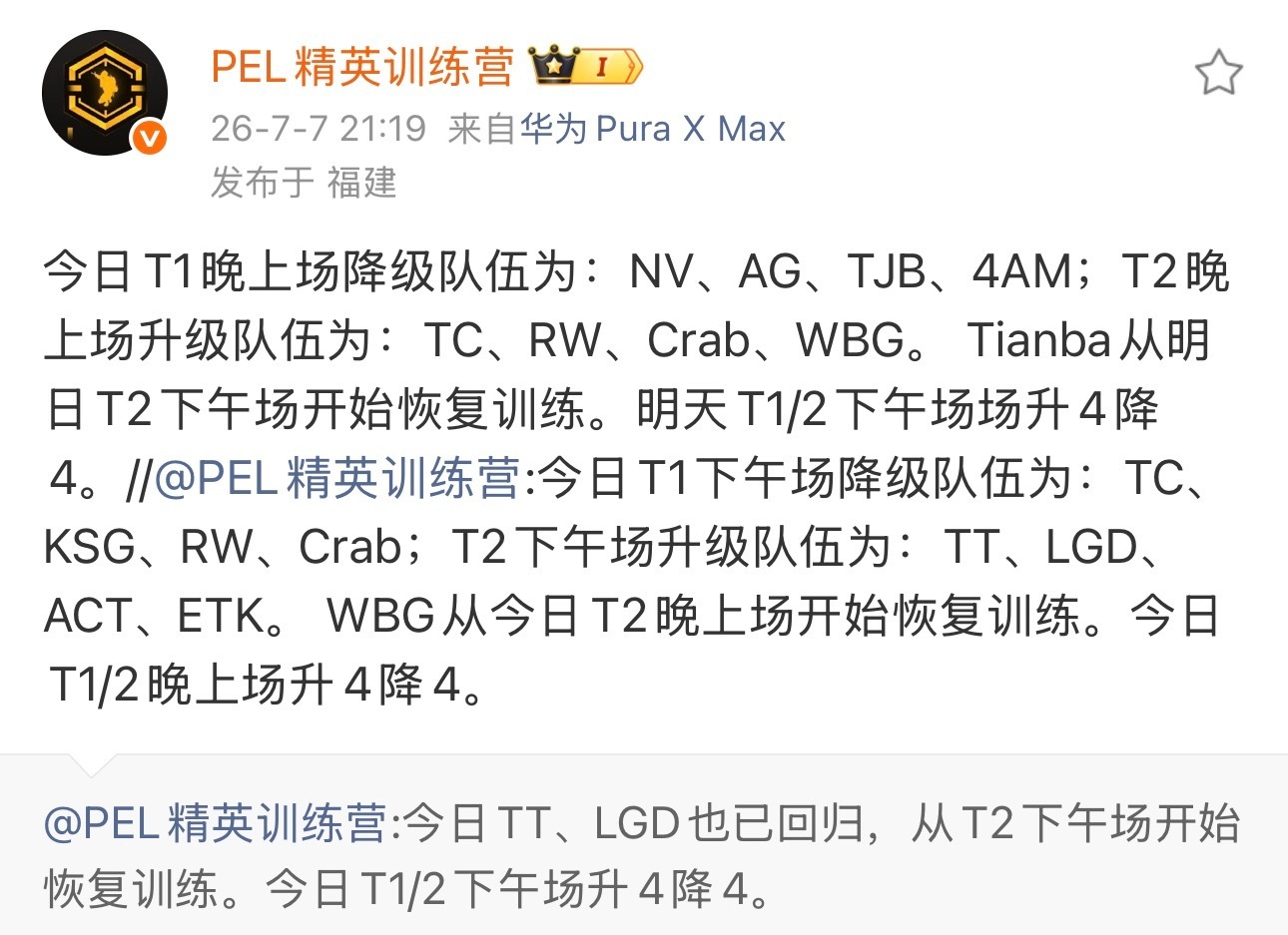 T1晚间场升降结果：NV、AG、TJB、4AM降级；TC、RW、Crab、WBG