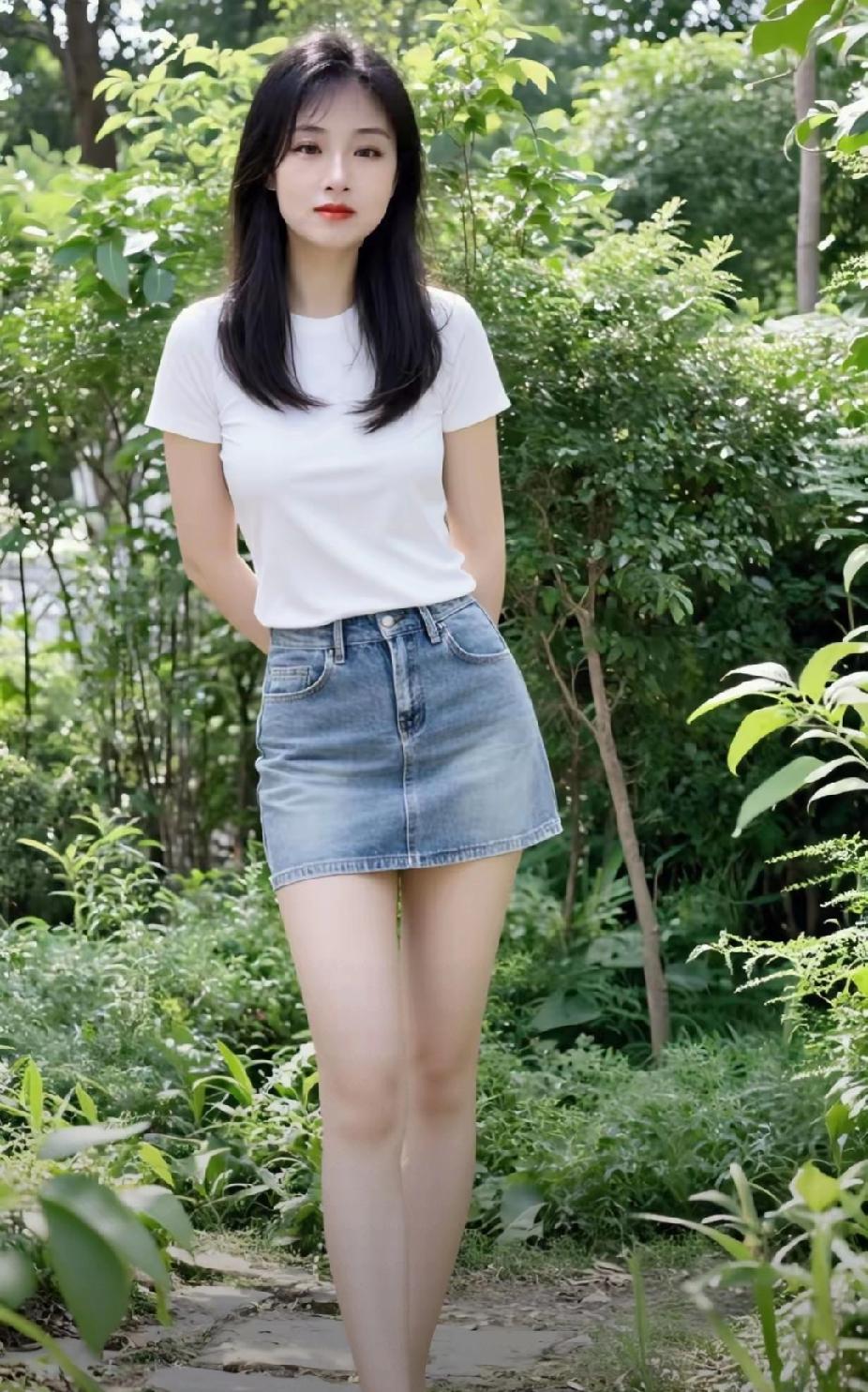 夏日清新穿搭，白色T恤+牛仔短裙，元气满满！