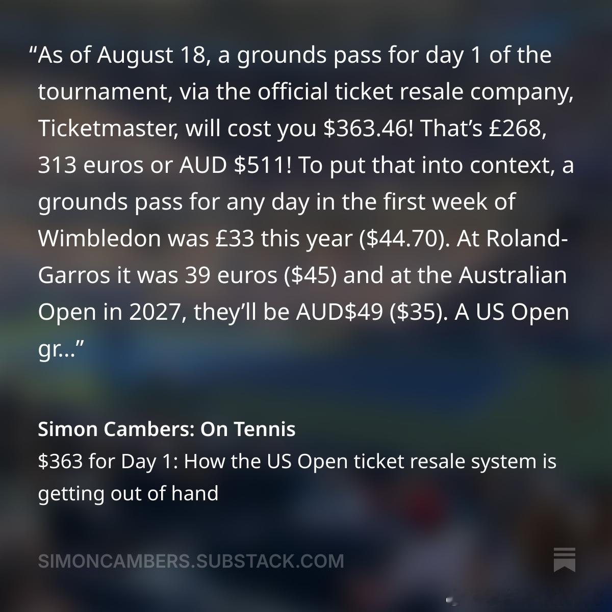 美网首日的场地通行票（grounds pass ticket）要363美元，约合