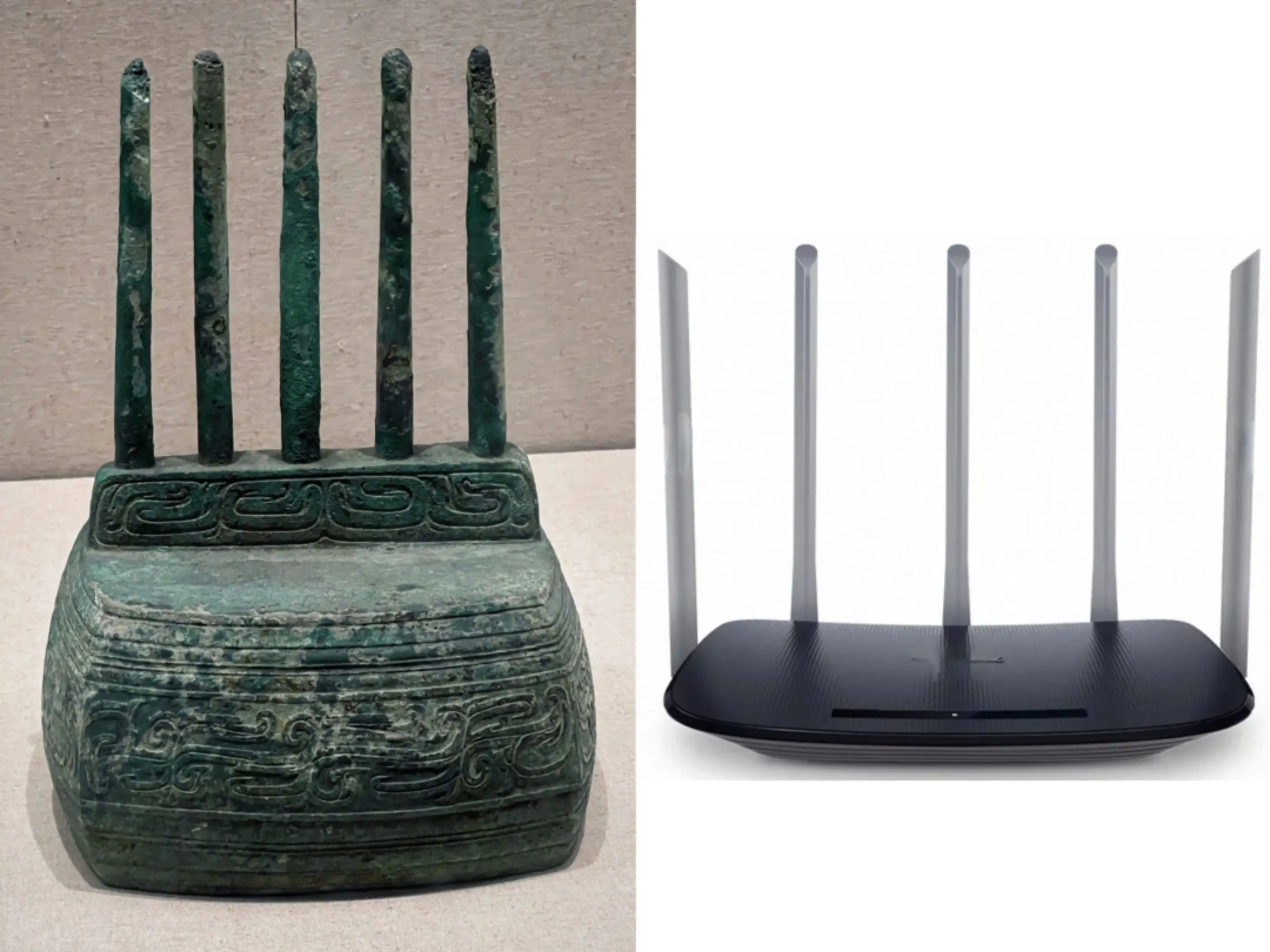 这件像路由器的青铜器名字叫云纹铜五柱器，他来自2600年前的春秋时期...