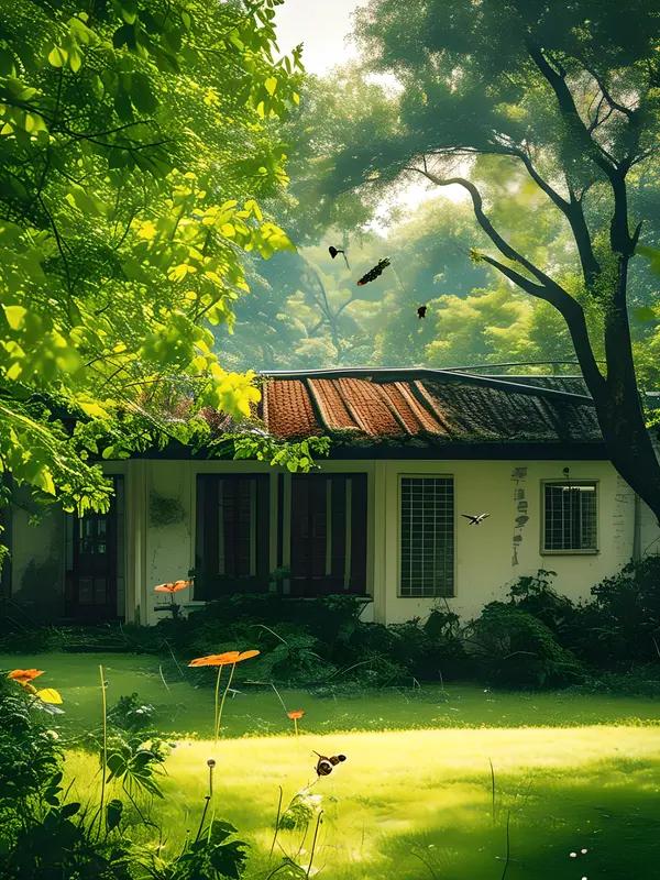上联：山林翠，
      下联：庭院深。