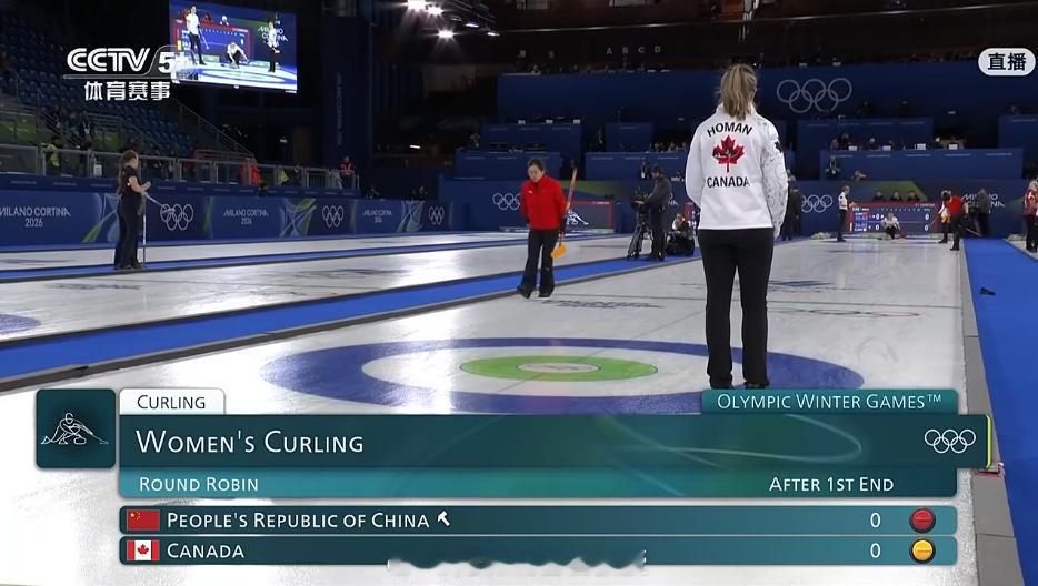 女子冰壶中国vs加拿大 第一局比赛结束，双方0比0平，第二局中国队目标两分 