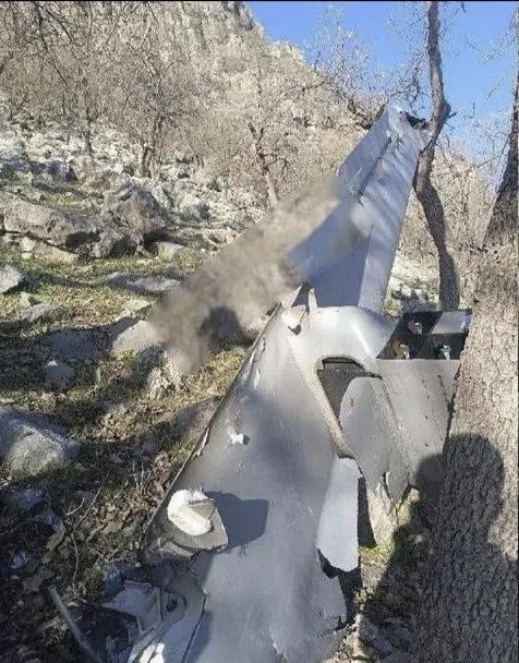 在伊朗胡齐斯坦省安迪卡地区被伊朗防空部队击落的一架以色列“苍鹭”无人机残骸。
美