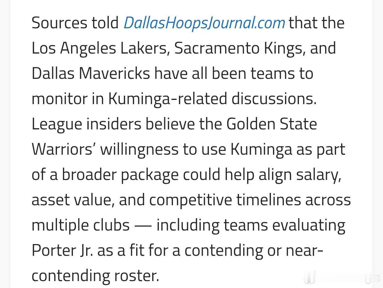 据《Dallas Hoops Journal》记者Grant Afseth报道，