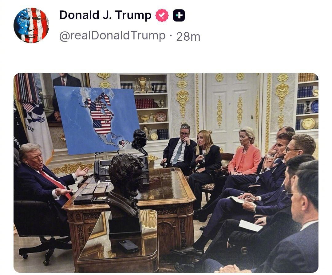 特朗普发帖，配图暗示其领土野心图1：2026，格陵兰岛插上美国国旗图2：暗示吞并