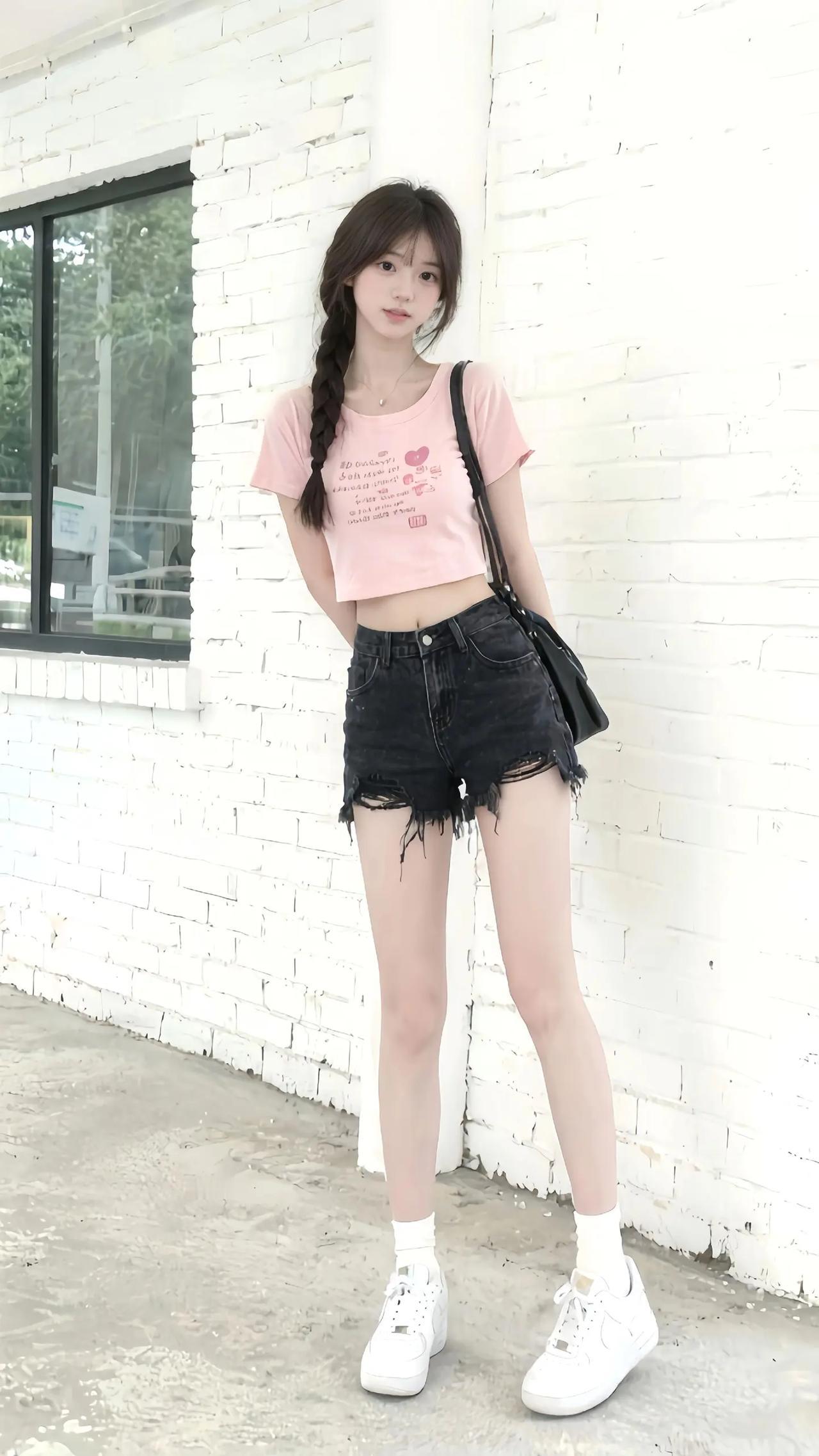 夏日穿搭指南：粉色短袖+破洞牛仔短裤，清新又时尚！