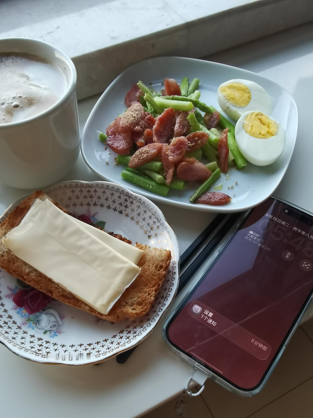 独居老人的蛋白质早餐

今日早餐：芦笋拌肉肠、一个鸡蛋、半片吐司加一片芝士、一杯