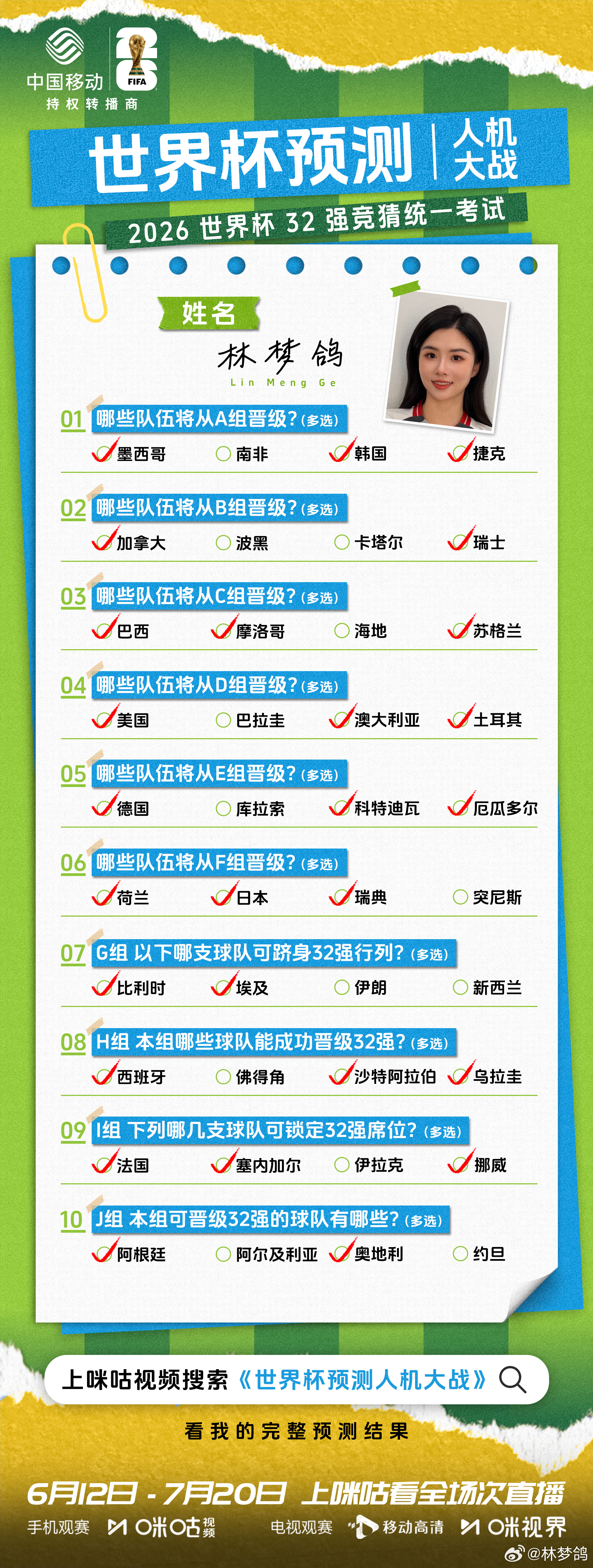 世界杯预测人机大战 AI或许能算出概率，但算不出热爱。我是咪咕嘉宾天团林梦鸽，我