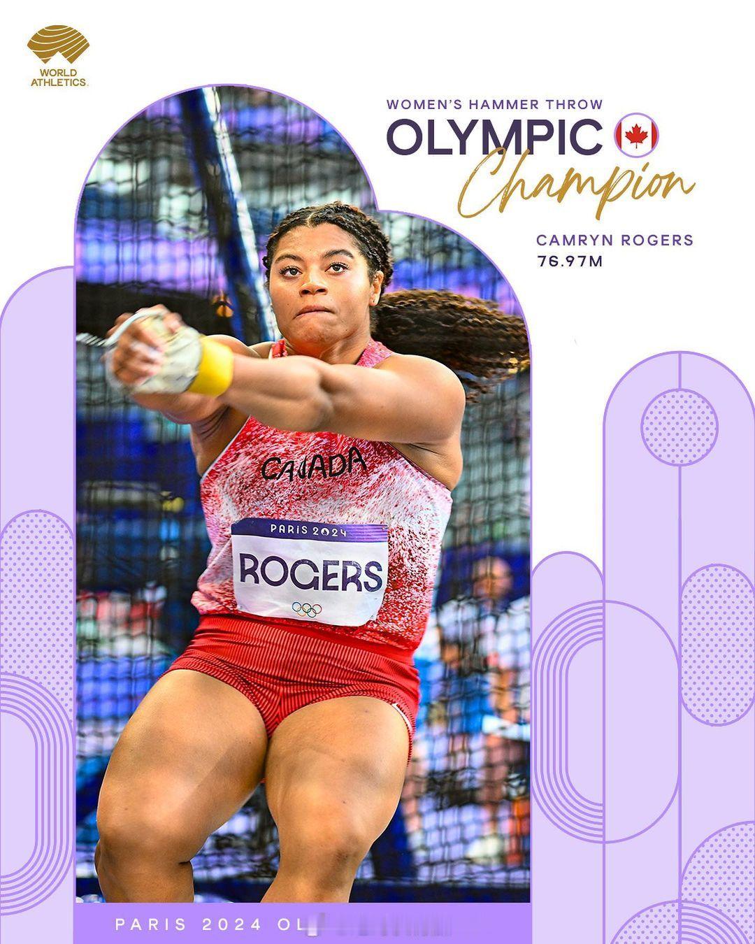 2024巴黎奥运会田径女子链球。赵杰铜牌！1、加拿大 ROGERS Camryn