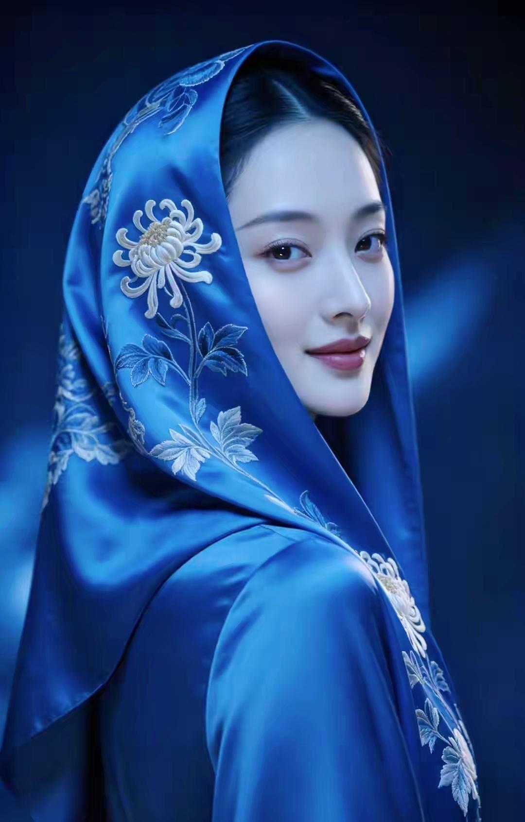 宝蓝缎面绣菊裹头巾，东方温婉气韵拉满，中式含蓄美感一眼沦陷

新中式写真 东方古
